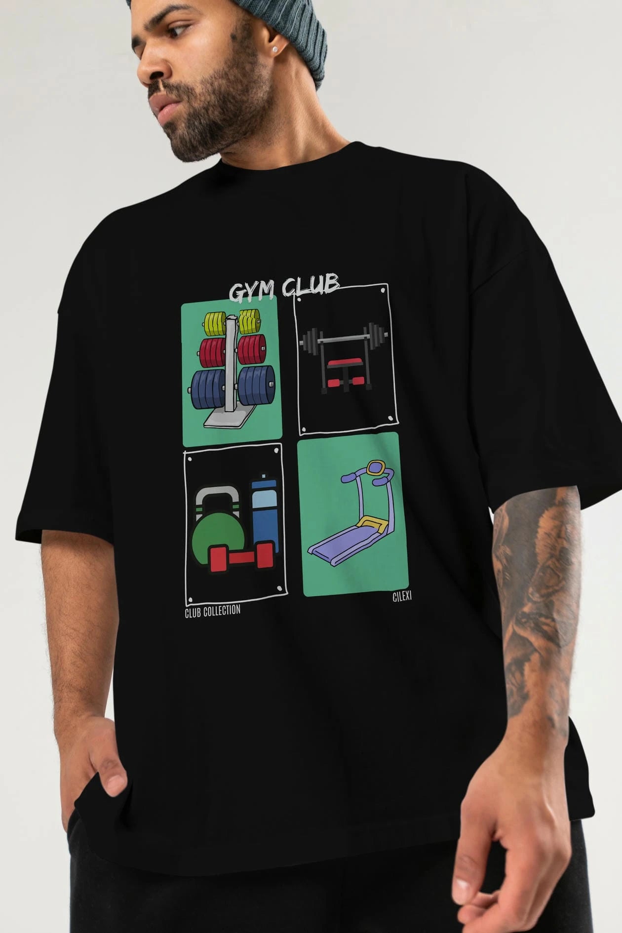 Gym Club ön Baskılı Oversize t-shirt Erkek Kadın %100 Pamuk Bisiklet Yaka tişort