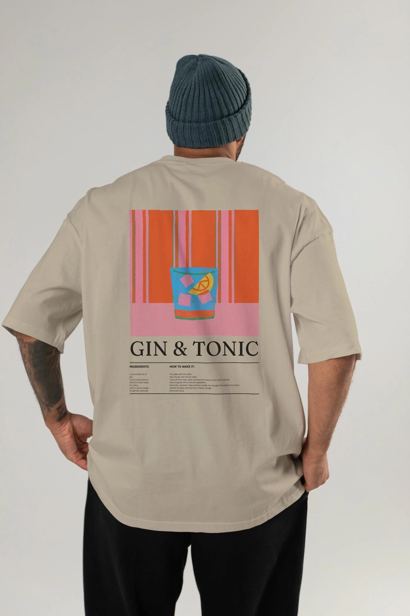 Gin Tonic Kokteyl Serisi Arka Baskılı Oversize t-shirt Erkek Kadın %100 Pamuk Bisiklet Yaka tişort
