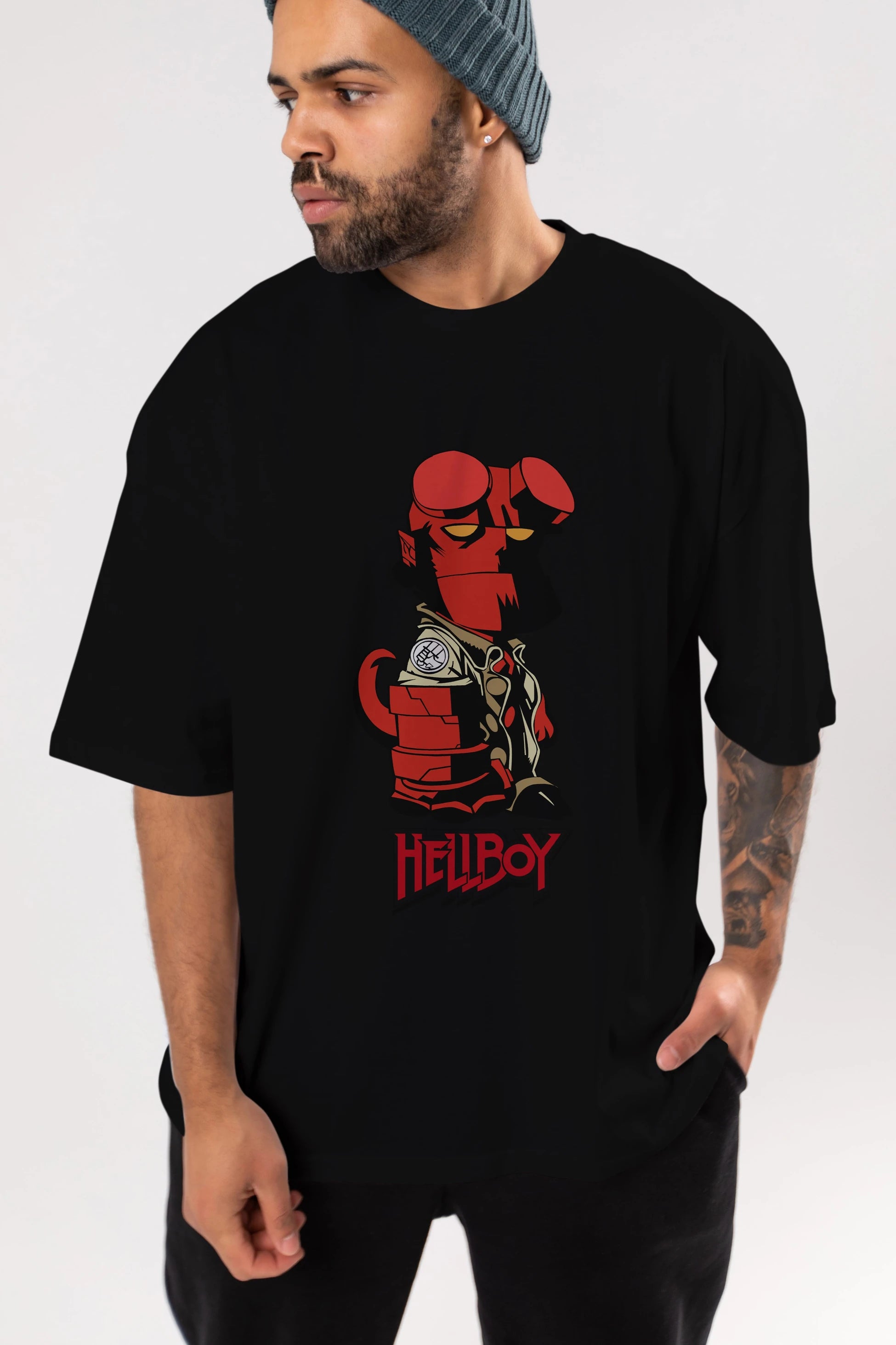 Hellboy (1) Ön Baskılı Oversize t-shirt Erkek Kadın Unisex %100 Pamuk Bisiklet Yaka tişort