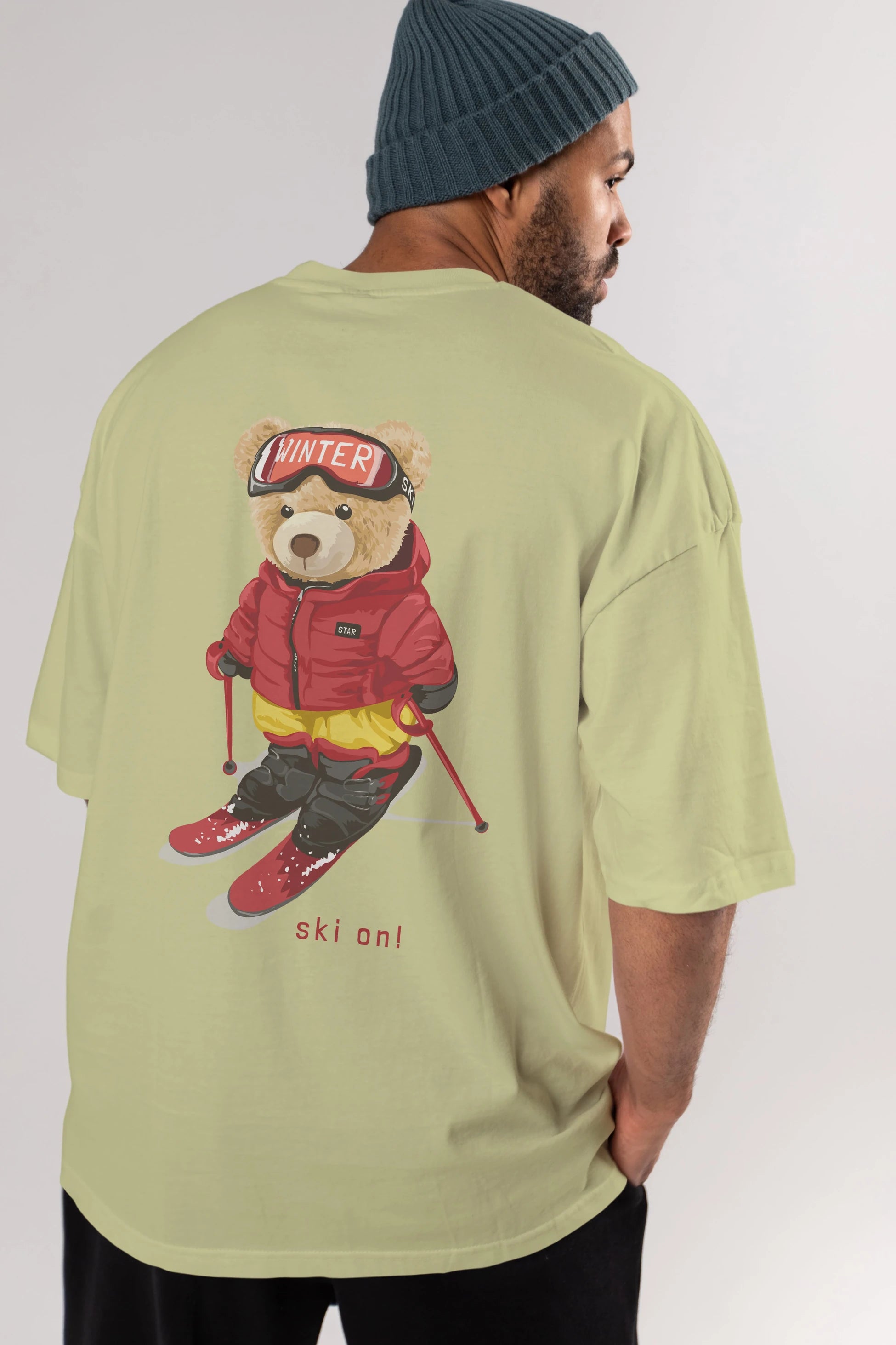 Teddy Bear Ski On Arka Baskılı Oversize t-shirt Erkek Kadın Unisex %100 Pamuk