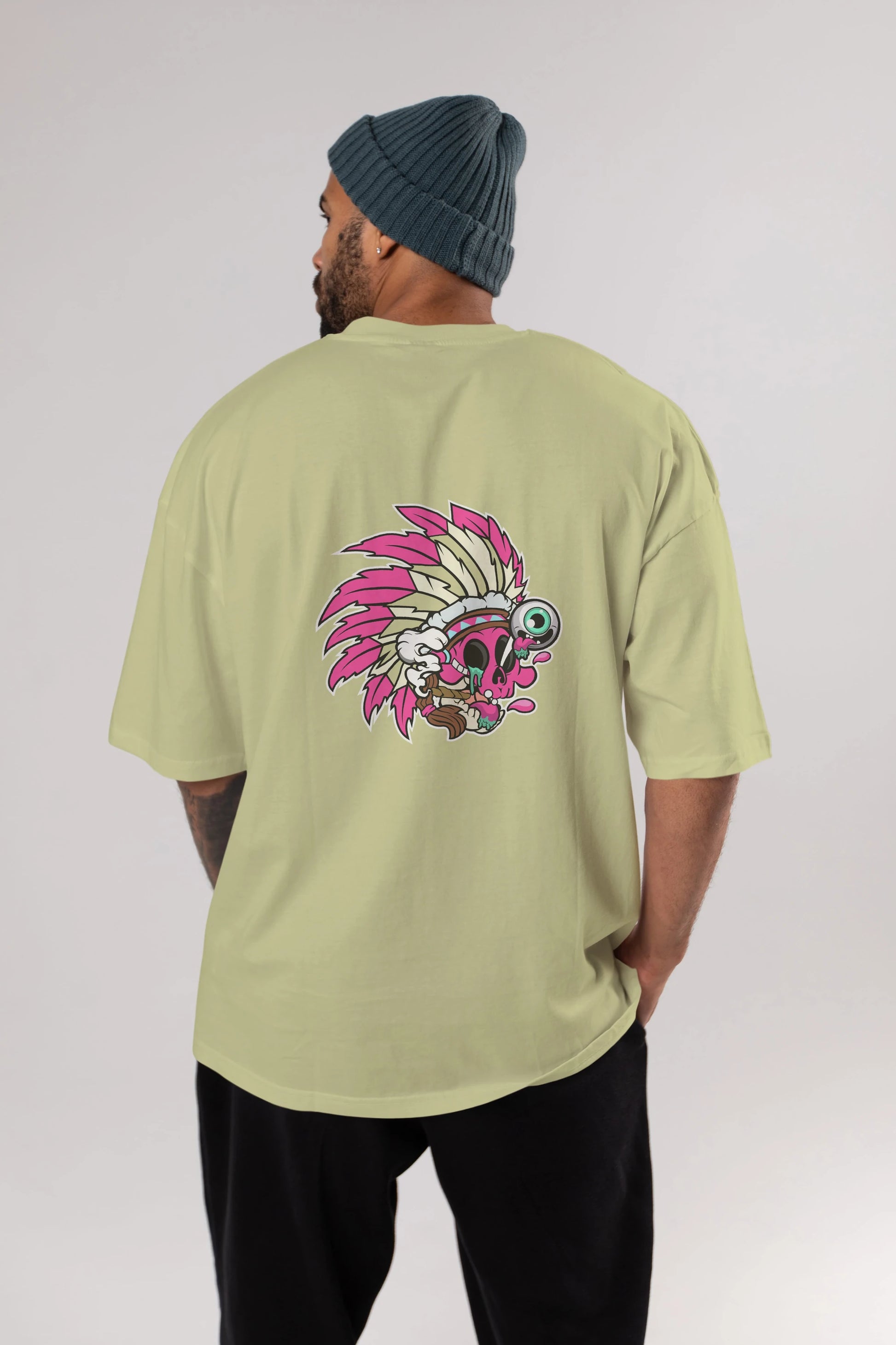 Skull Indian Arka Baskılı Oversize t-shirt Erkek Kadın Unisex %100 Pamuk tişort