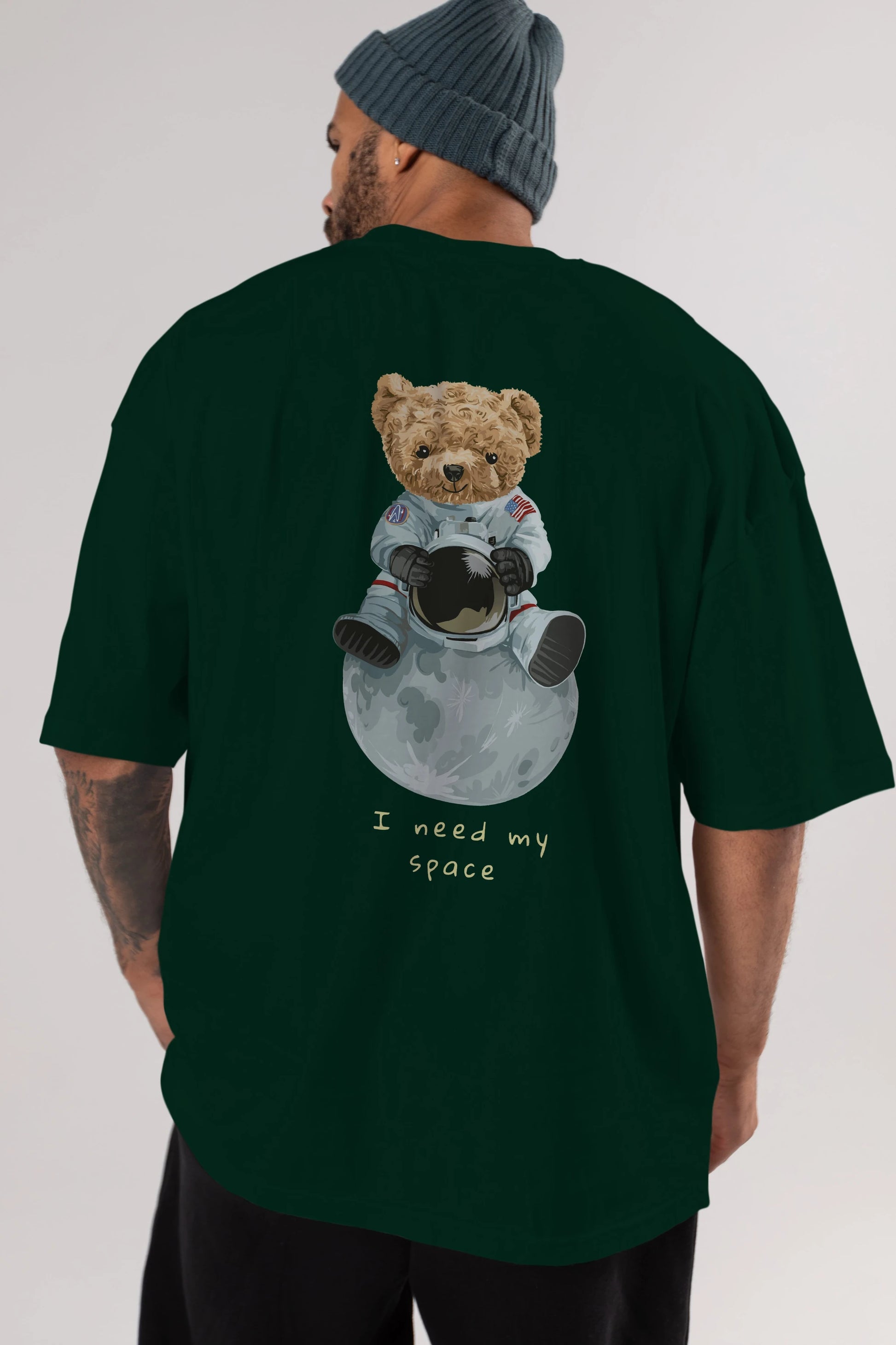 Teddy Bear I Need My Space Arka Baskılı Oversize t-shirt Erkek Kadın Unisex %100 Pamuk
