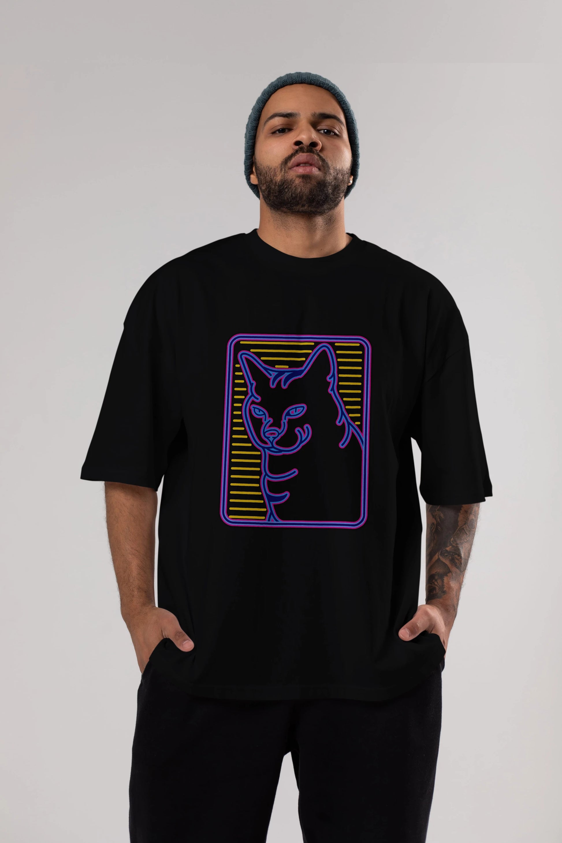 Neon Cat Ön Baskılı Oversize t-shirt Erkek Kadın Unisex
