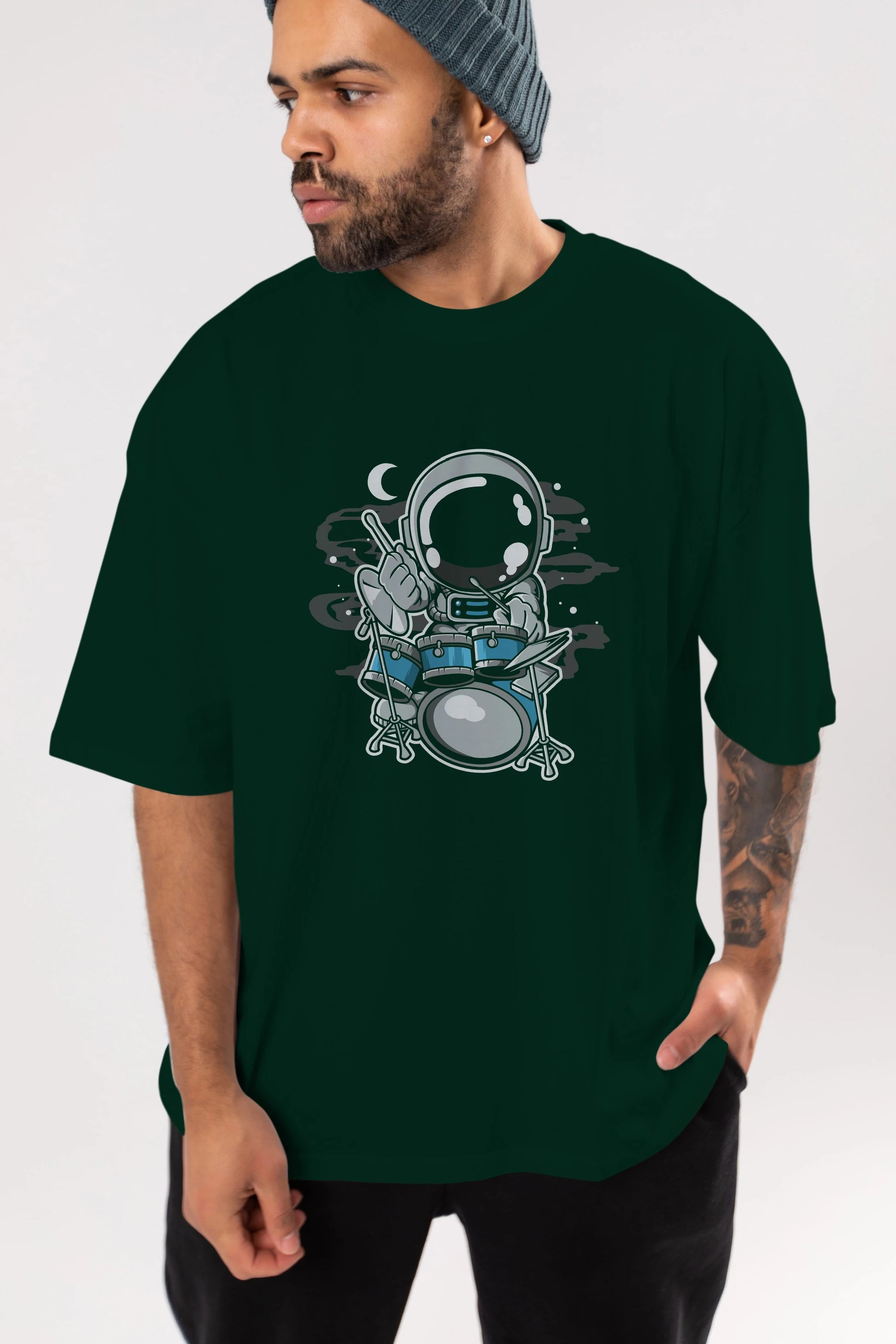 Astronaut Drummer Ön Baskılı Oversize t-shirt Erkek Kadın Unisex