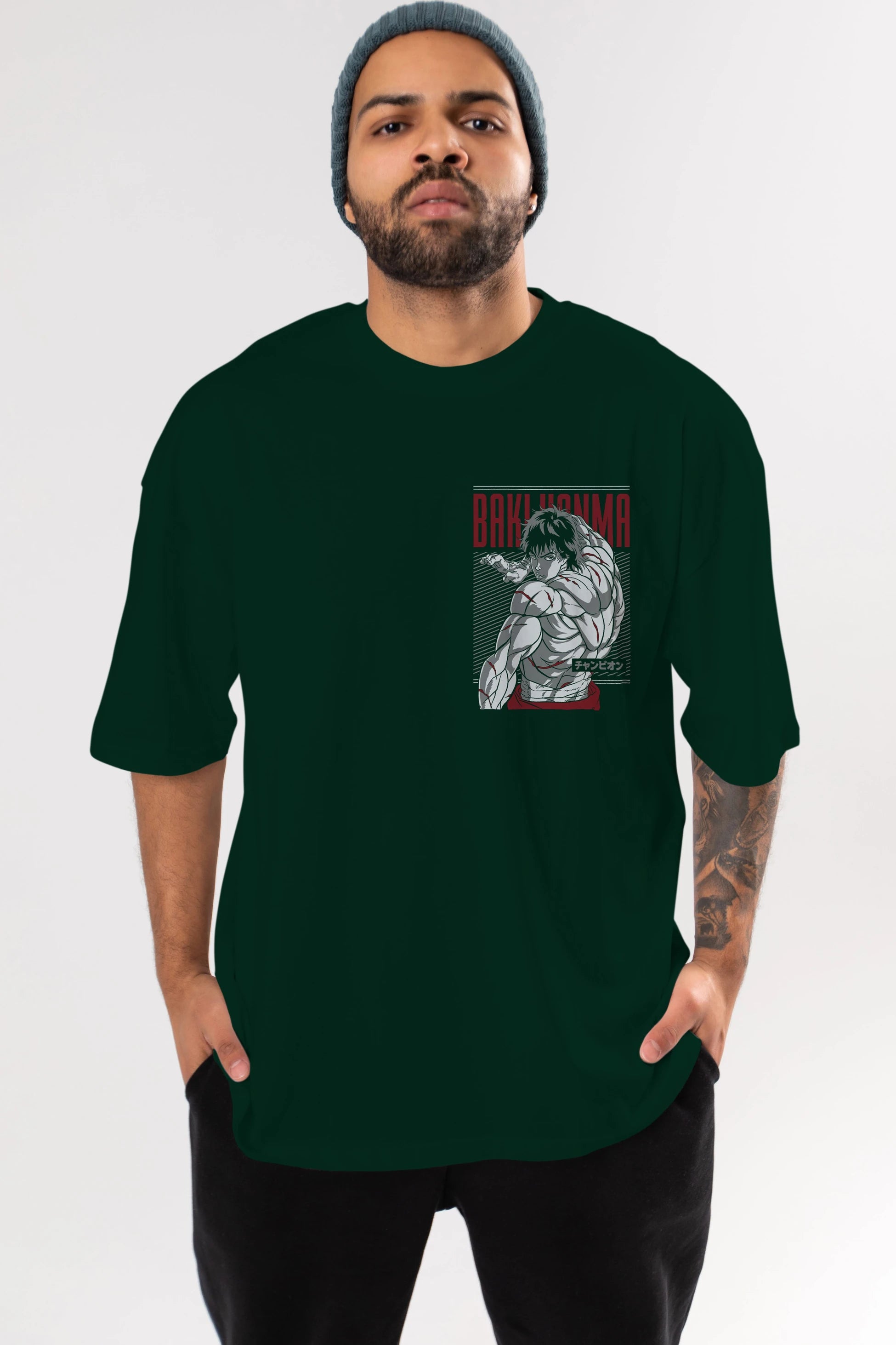 BAKI HANMA Ön Sol Baskılı Oversize t-shirt Erkek Kadın Unisex %100 Pamuk Bisiklet Yaka tişort