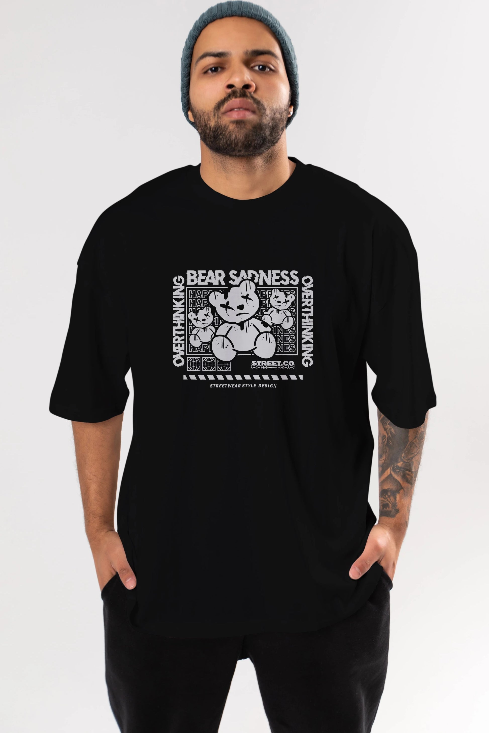Bear Sadness 2 Ön Baskılı Oversize t-shirt Erkek Kadın Unisex