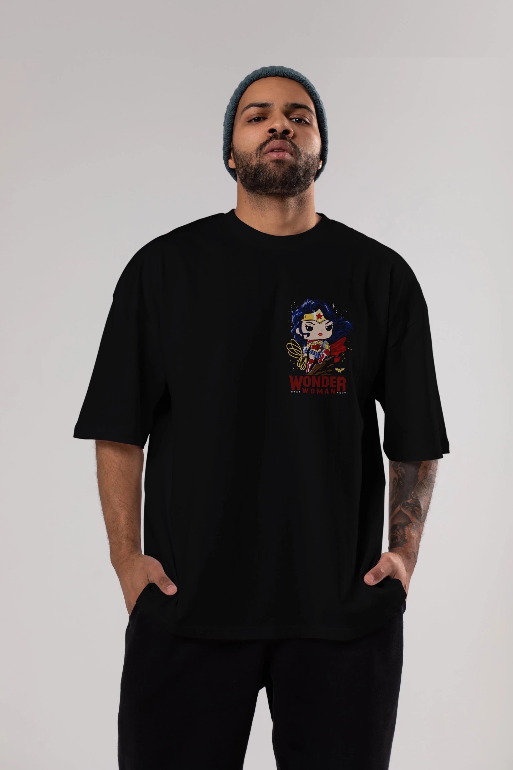 Wonder Woman (2) Ön Sol Baskılı Oversize t-shirt Erkek Kadın Unisex %100 Pamuk Bisiklet Yaka tişort