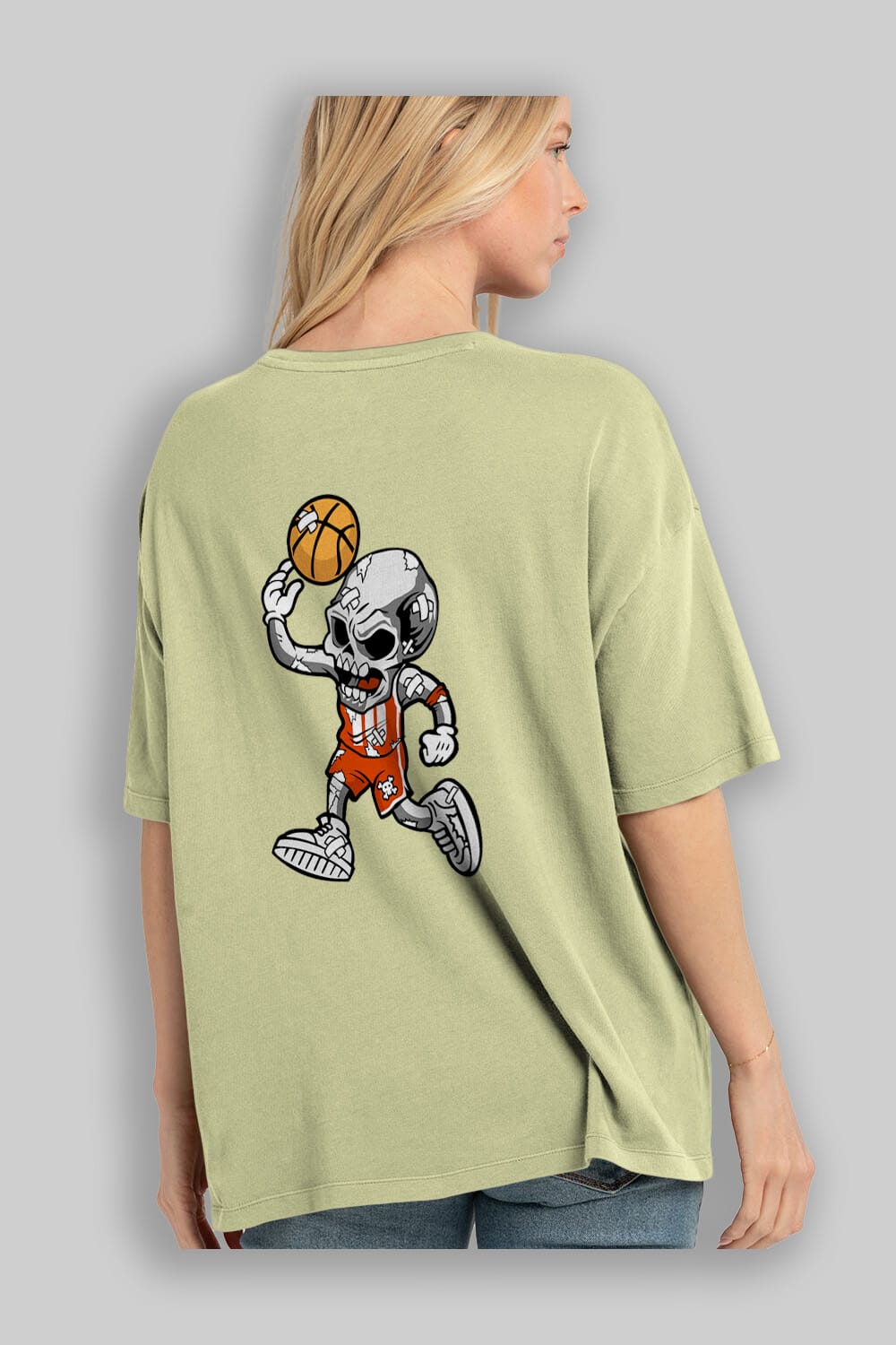Skull Basketball Arka Baskılı Oversize t-shirt Erkek Kadın Unisex %100 Pamuk tişort