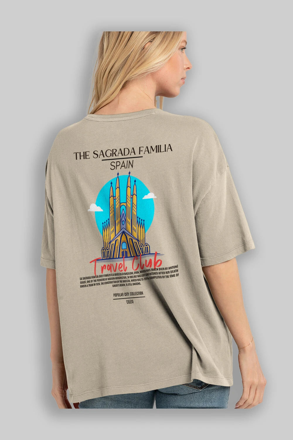 The Sagrada Familia Spain Arka Baskılı Oversize t-shirt Erkek Kadın Pamuk Bisiklet Yaka tişort