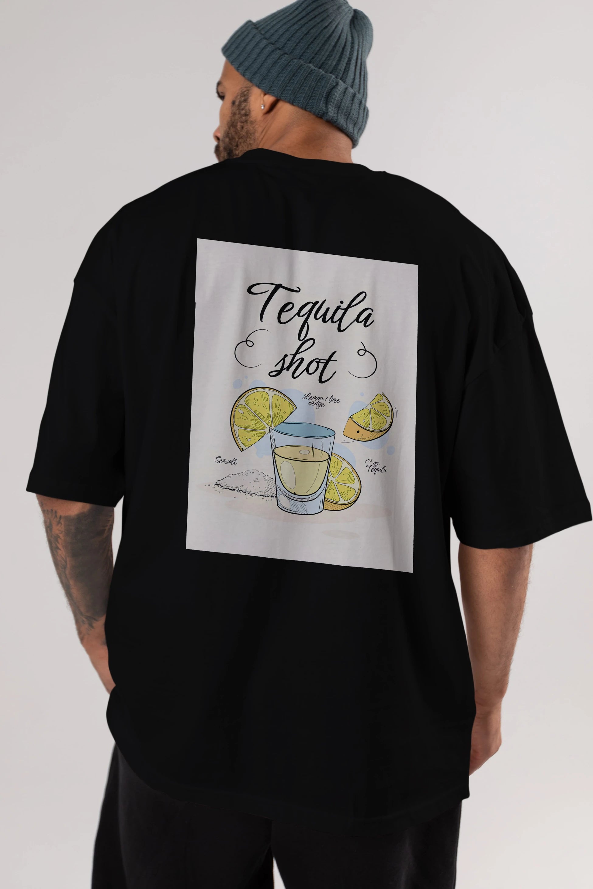Tequila Shot Arka Baskılı Oversize t-shirt Erkek Kadın Unisex %100 Pamuk Bisiklet Yaka tişort