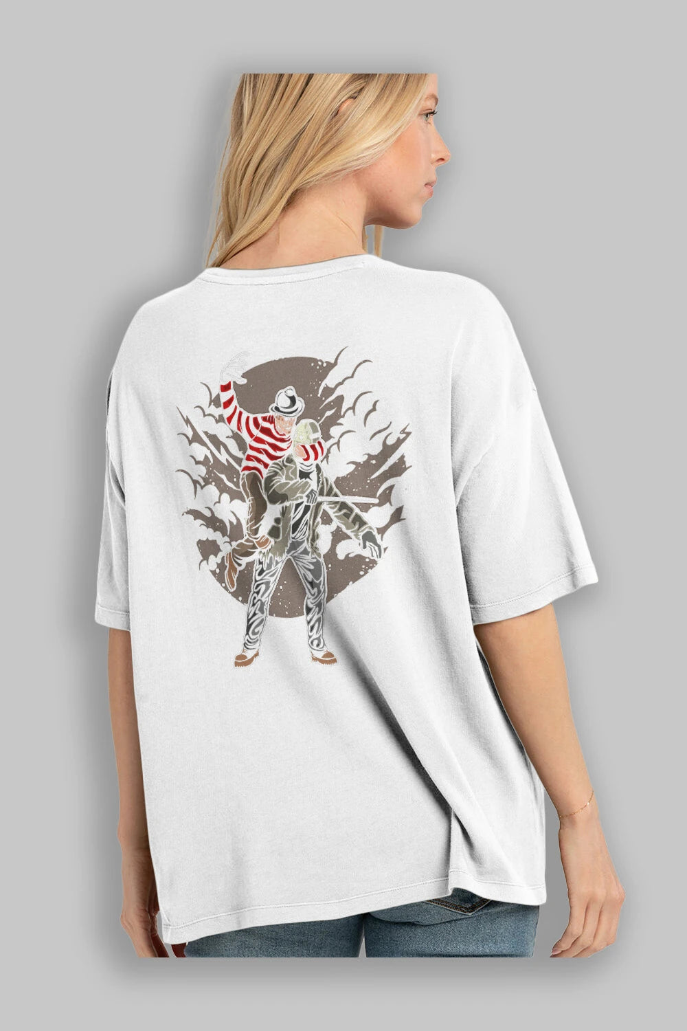 FREDDY VS JASON Arka Baskılı Oversize t-shirt Erkek Kadın Unisex %100 Pamuk