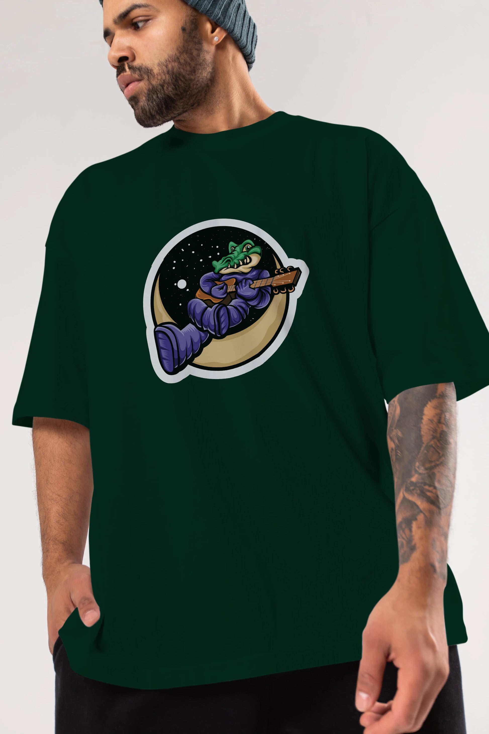 Space Crocodile Sticker Ön Baskılı Oversize t-shirt Erkek Kadın Unisex