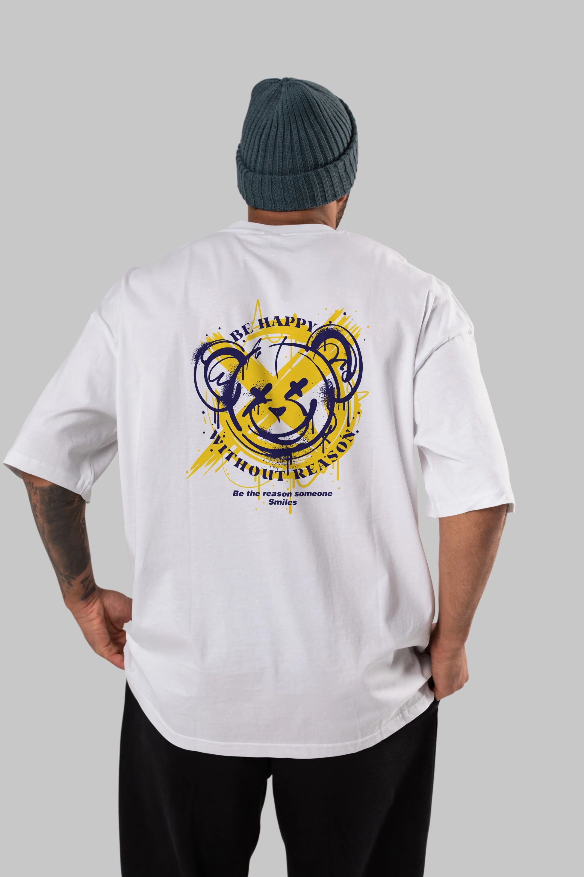 Be Happy Bear 2 Arka Baskılı Oversize t-shirt Erkek Kadın Unisex