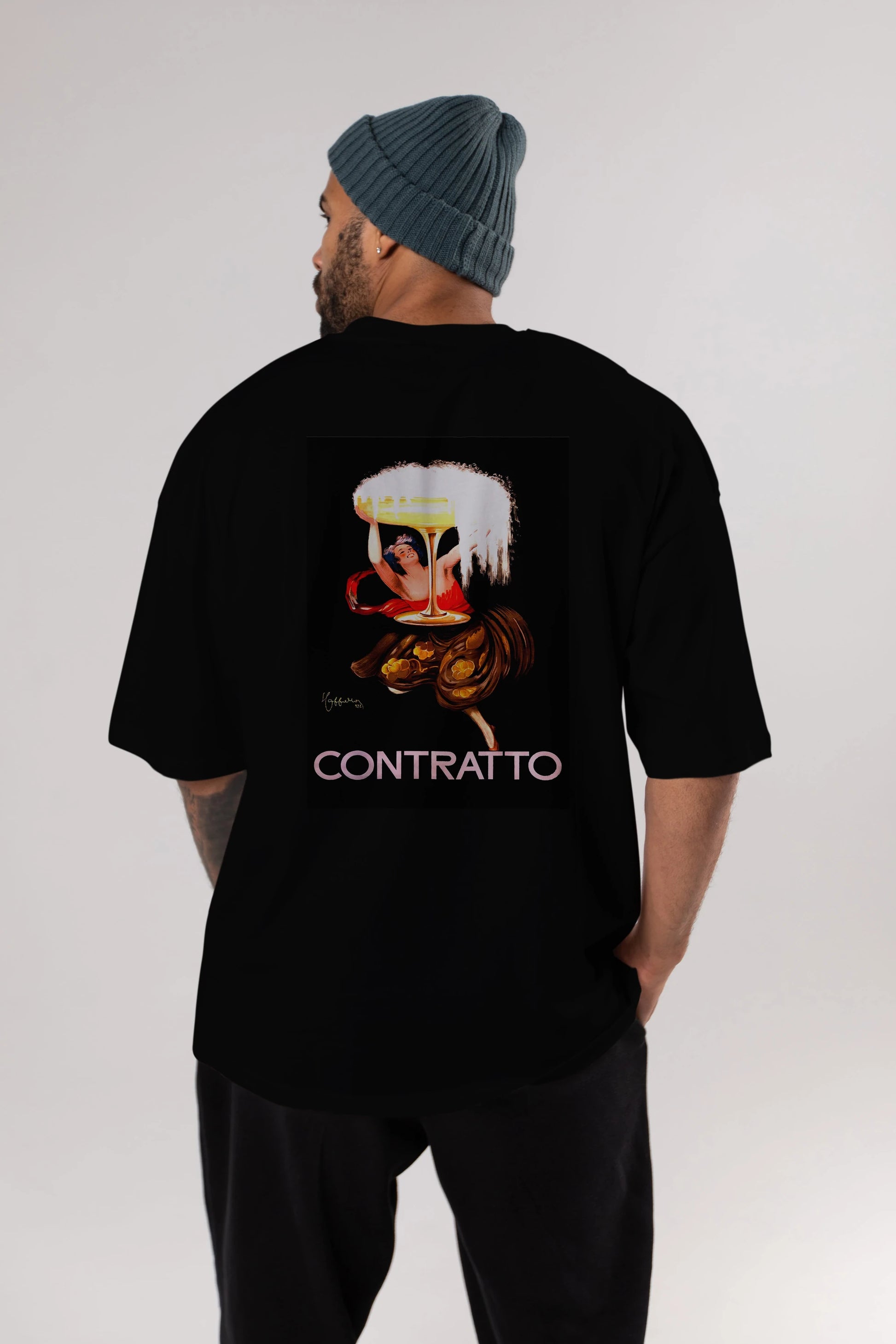 Contratto Arka Baskılı Oversize t-shirt Erkek Kadın Unisex %100 Pamuk Bisiklet Yaka tişort
