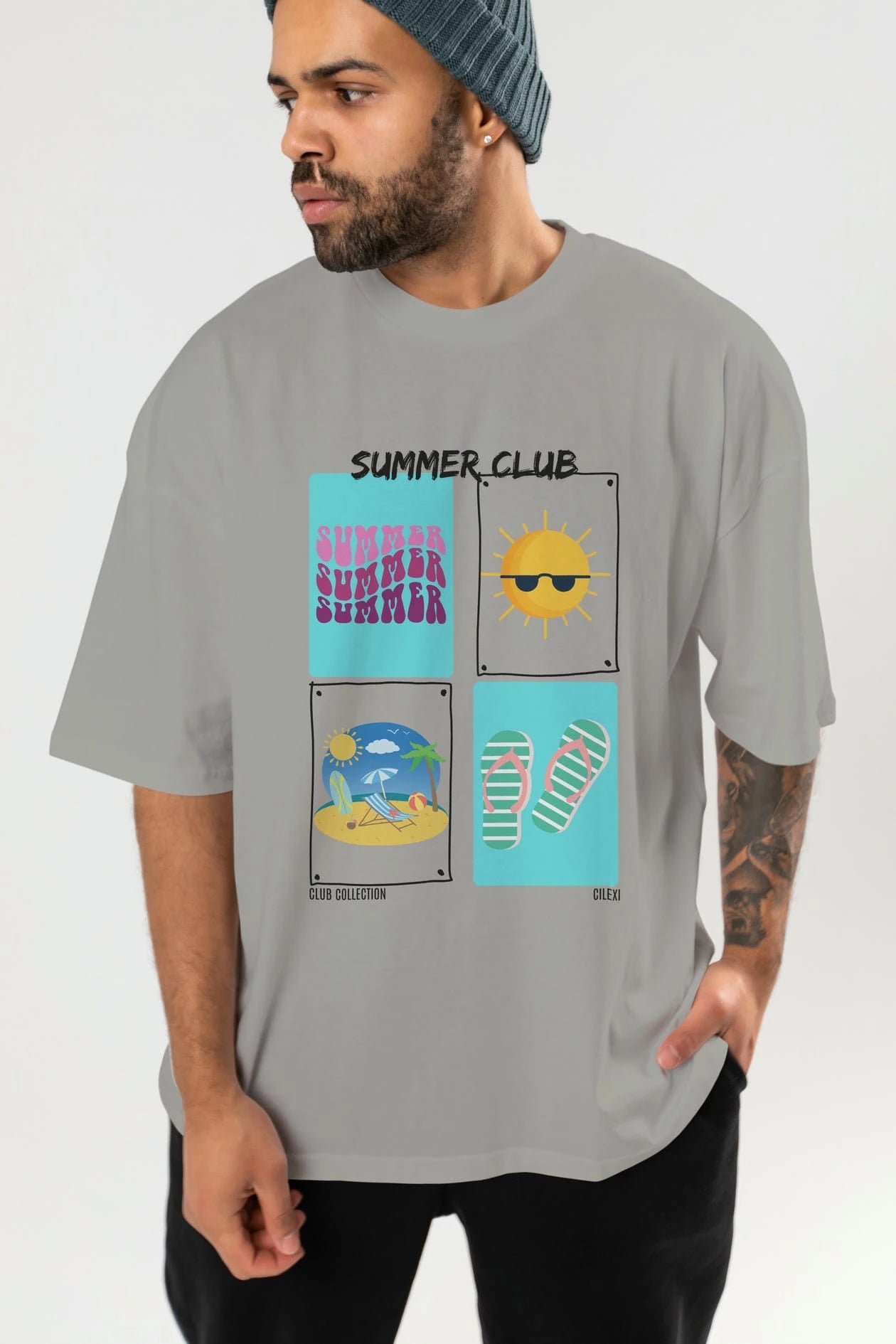 Summer Club ön Baskılı Oversize t-shirt Erkek Kadın %100 Pamuk Bisiklet Yaka tişort