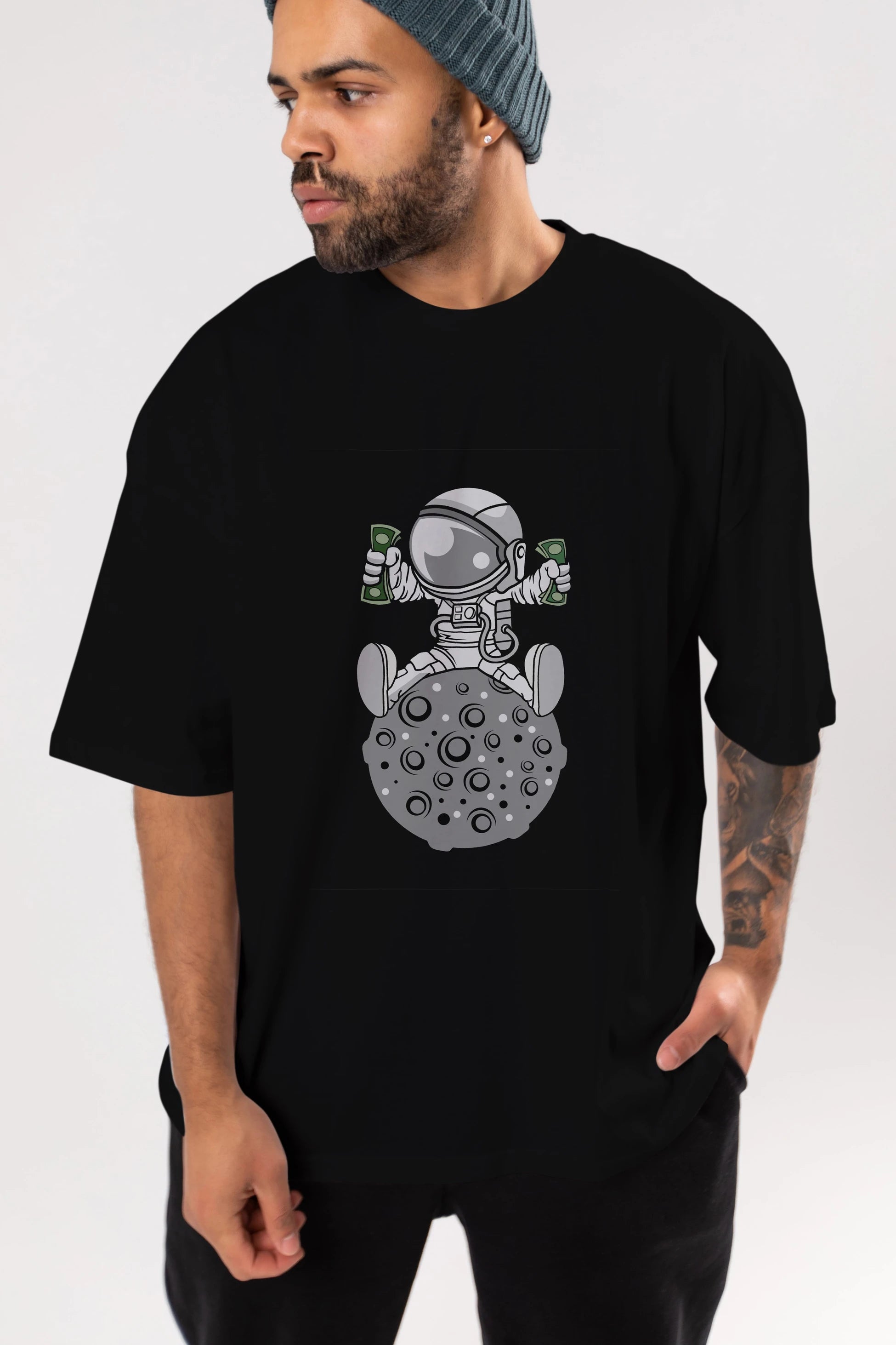 Astronaut Dollar Ön Baskılı Oversize t-shirt Erkek Kadın Unisex %100 Pamuk tişort