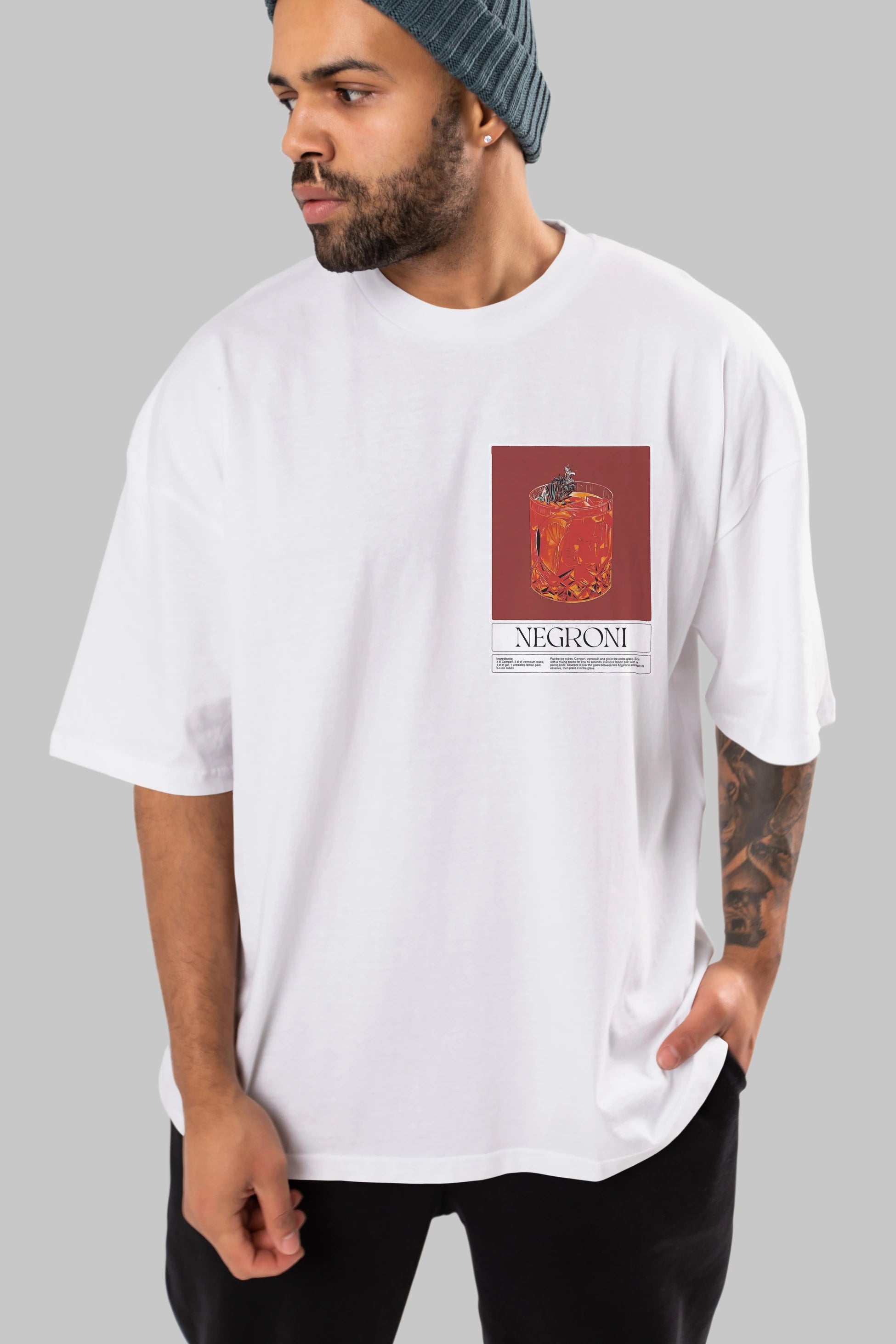 Negroni 2 Ön Sol Baskılı Oversize t-shirt Erkek Kadın Unisex %100 Pamuk Bisiklet Yaka tişort