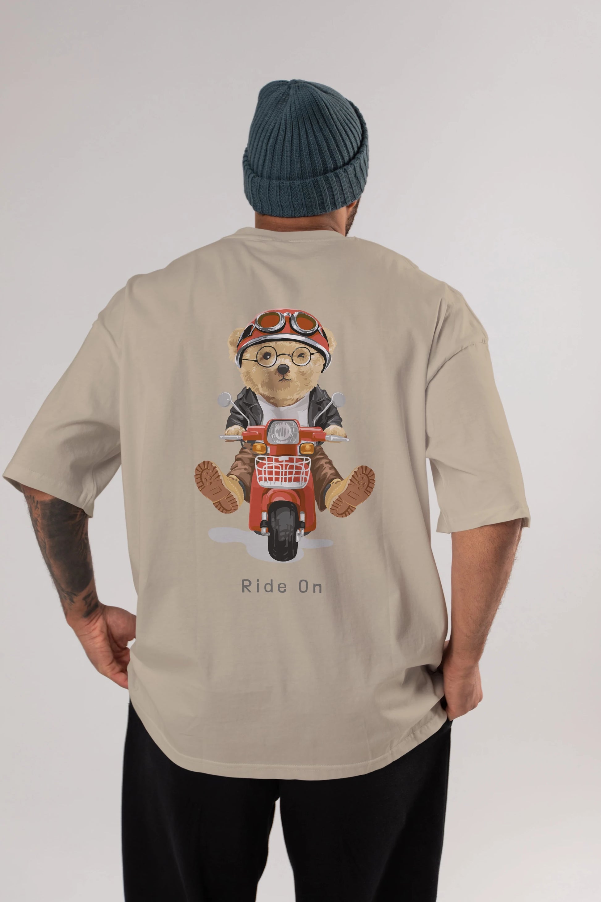 Teddy Bear Ride On Arka Baskılı Oversize t-shirt Erkek Kadın Unisex %100 Pamuk