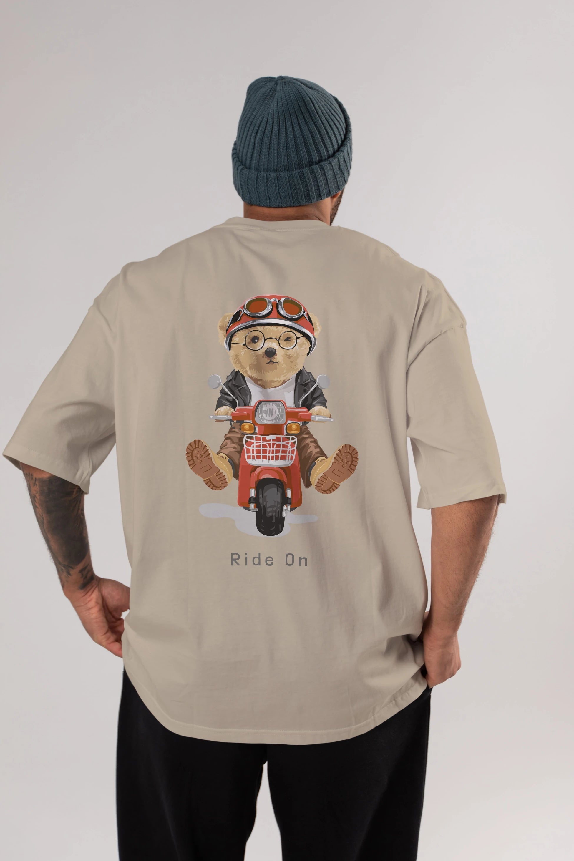 Teddy Bear Ride On Arka Baskılı Oversize t-shirt Erkek Kadın Unisex %100 Pamuk