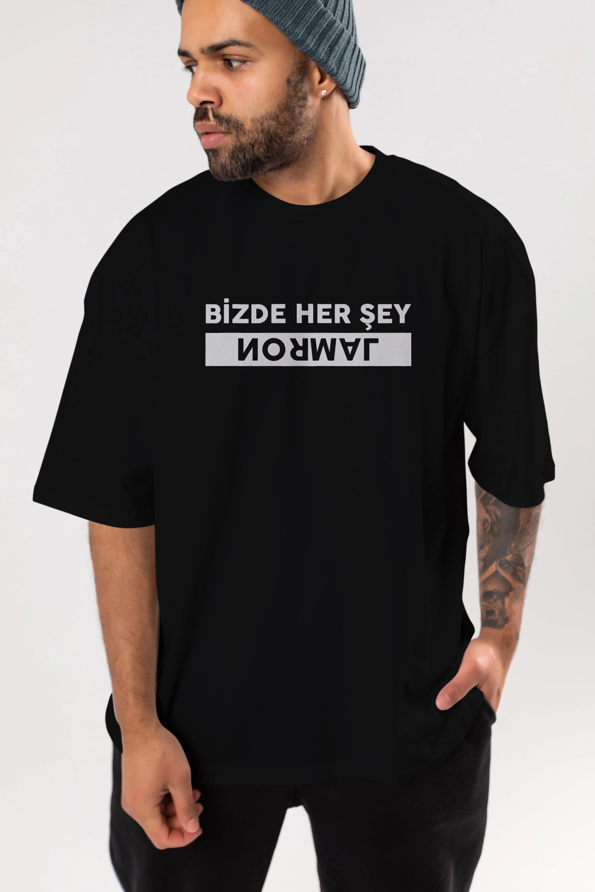 Bizde Her Şey Normal Ön Baskılı Oversize t-shirt %100 pamuk Erkek Kadın Unisex