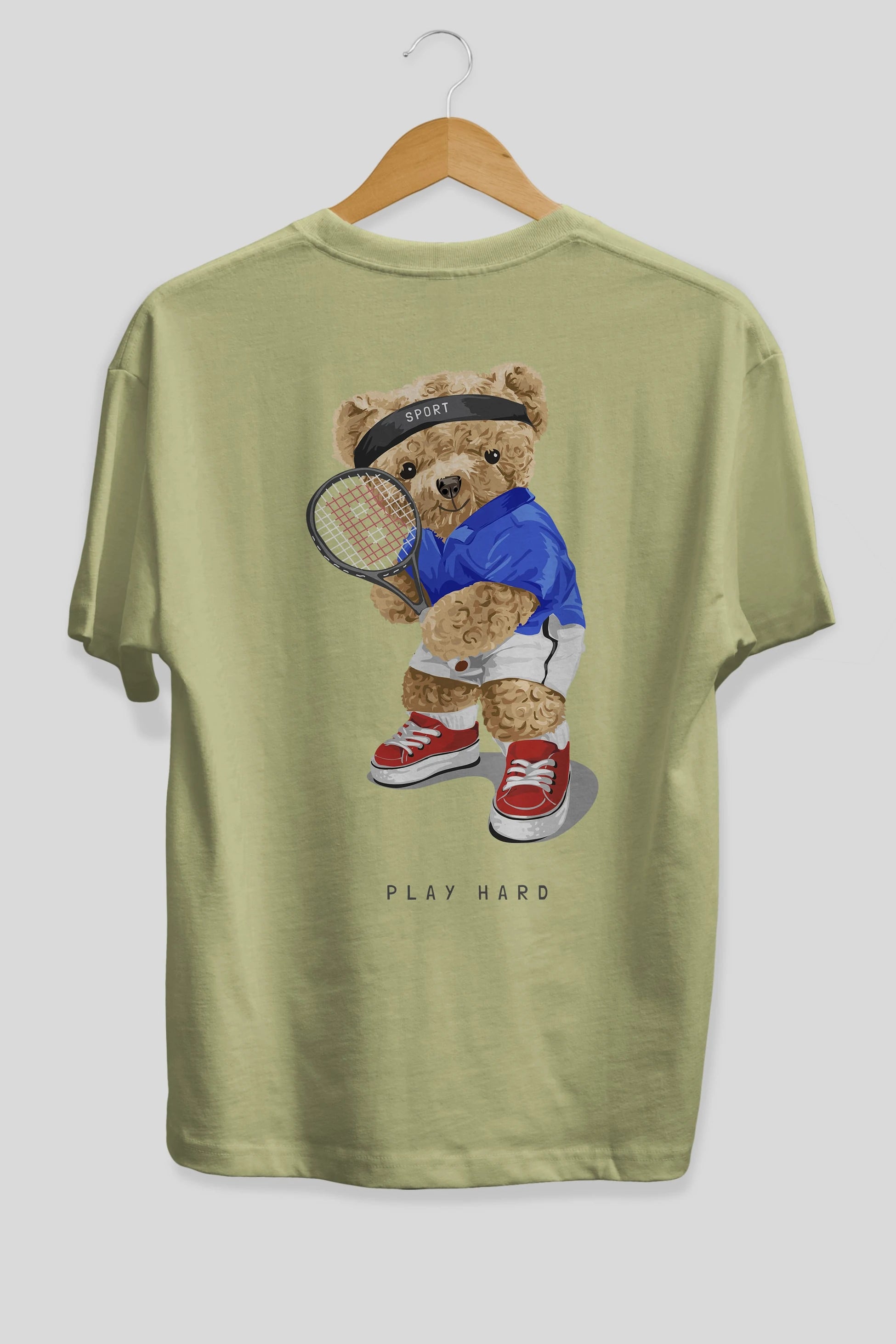 Teddy Bear Play Hard Arka Baskılı Oversize t-shirt Erkek Kadın Unisex %100 Pamuk