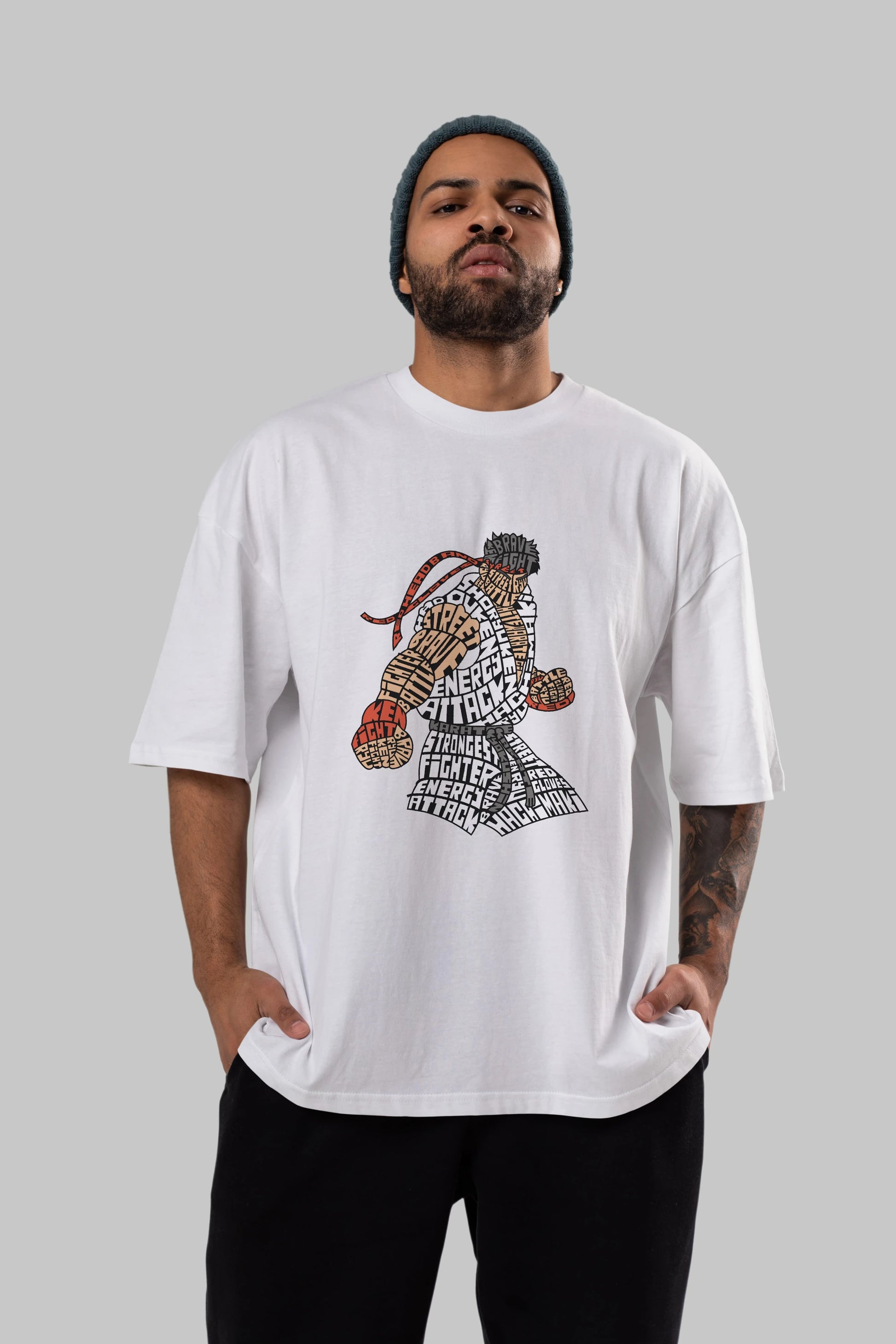Hadouken Ön Baskılı Oversize t-shirt %100 pamuk Erkek Kadın Unisex
