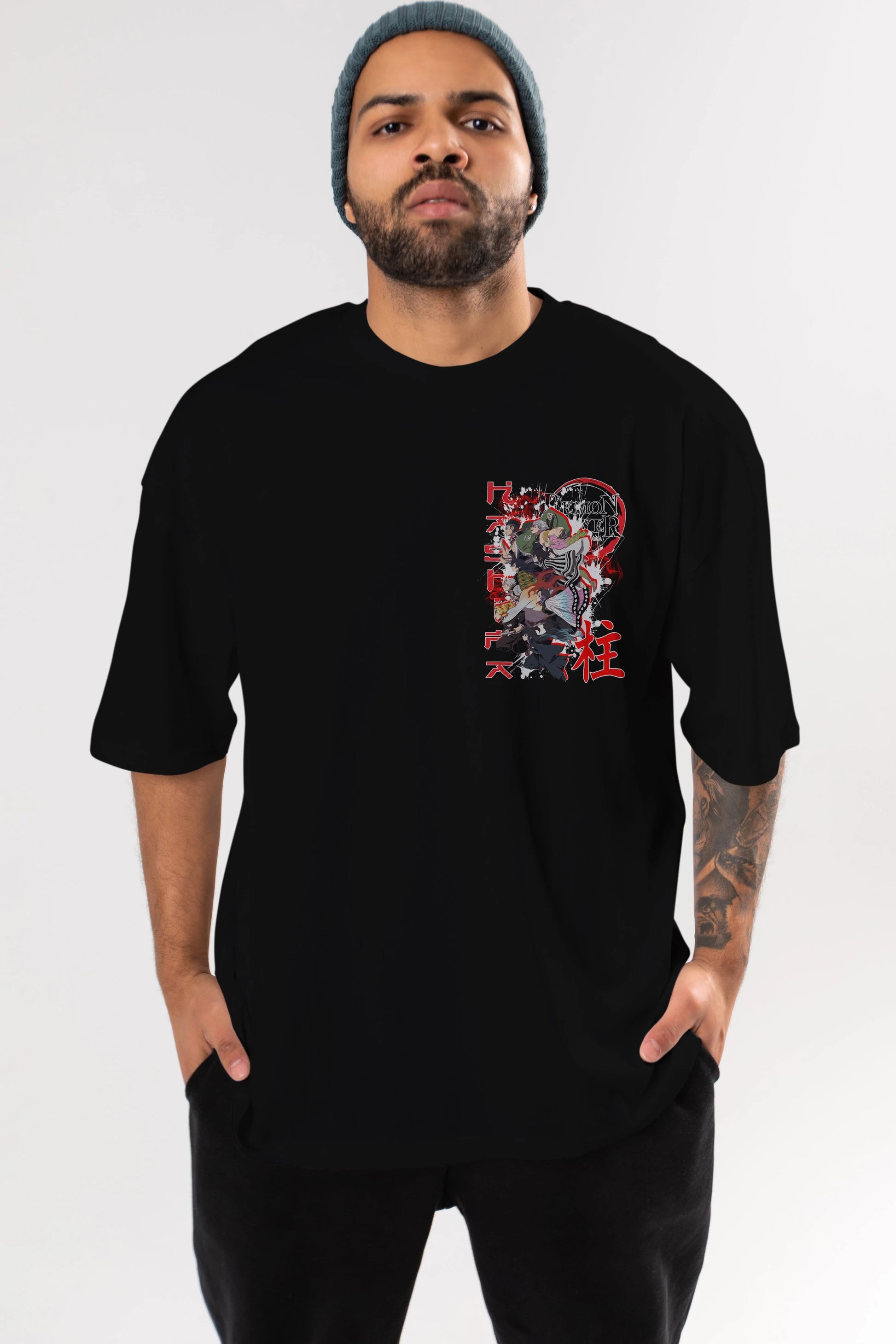 DEMON SLAYER SLAYERS Ön Sol Baskılı Oversize t-shirt Erkek Kadın Unisex %100 Pamuk Bisiklet Yaka tişort