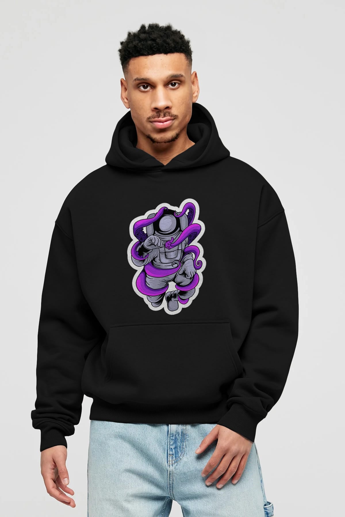 Astronaut fighting octopus sticker Ön Baskılı Hoodie Oversize Kapüşonlu Sweatshirt Erkek Kadın Unisex