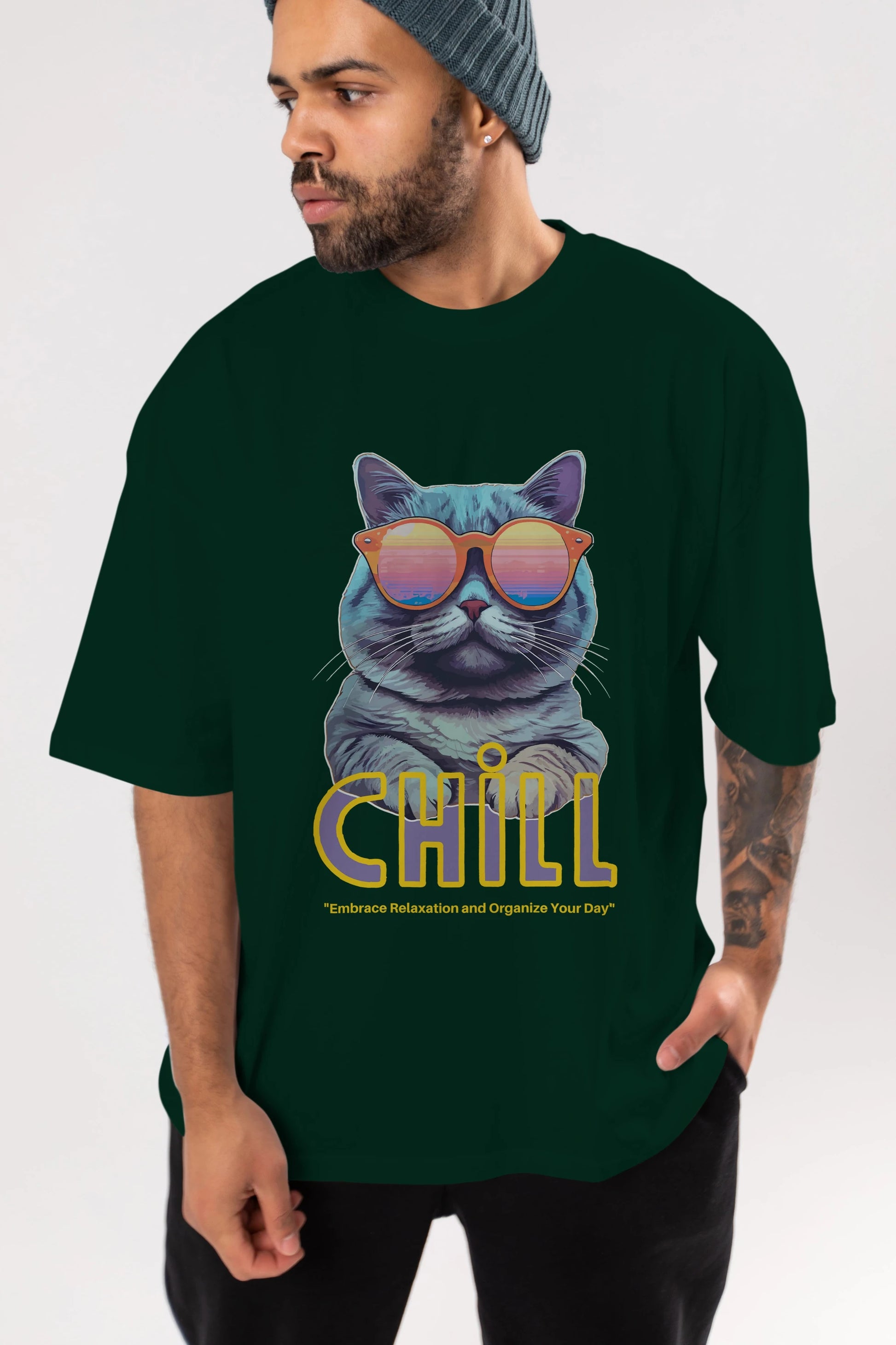 Chill Cat Ön Baskılı Oversize t-shirt Erkek Kadın Unisex
