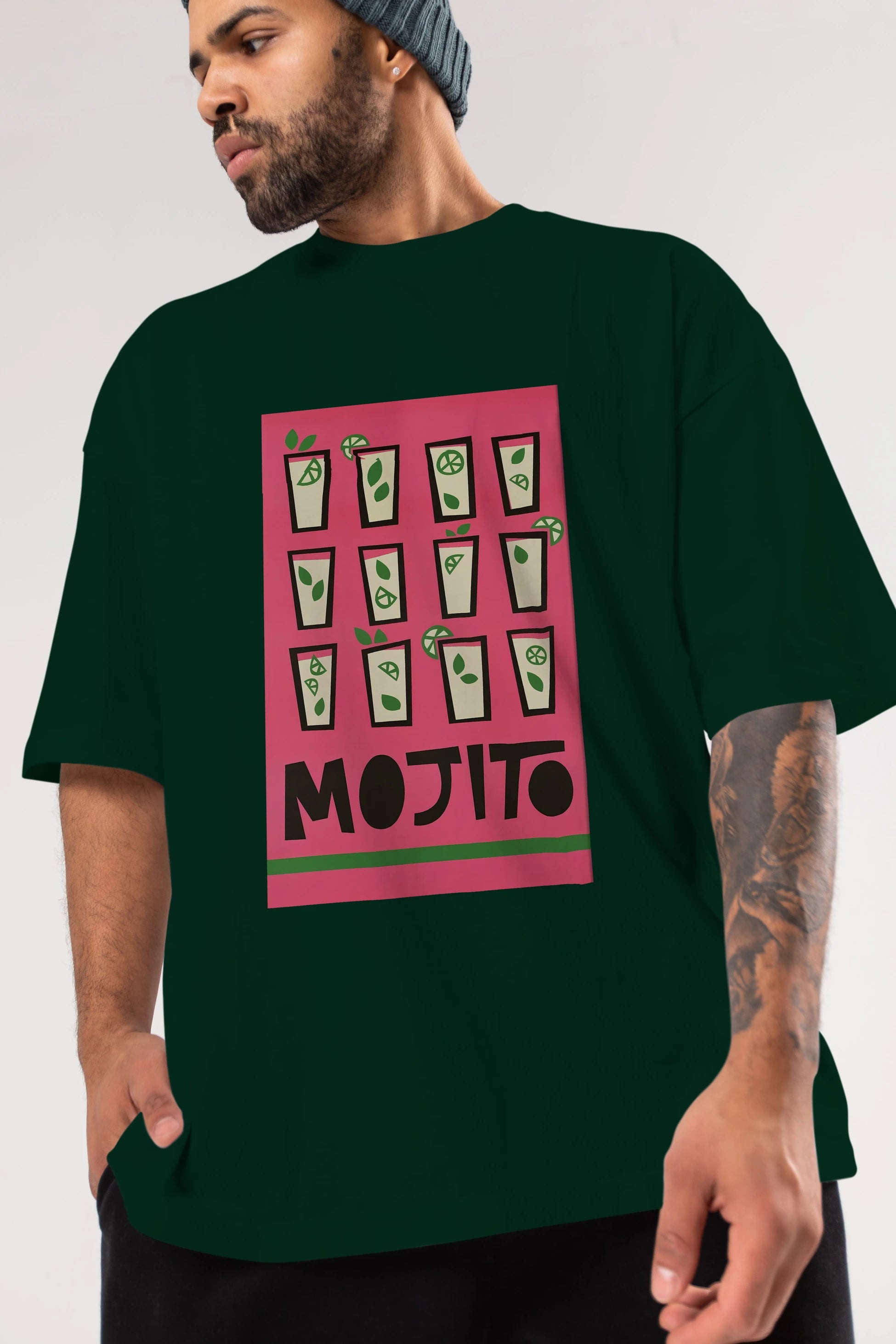 Mojito Ön Baskılı Oversize t-shirt Erkek Kadın Unisex %100 Pamuk Bisiklet Yaka tişort