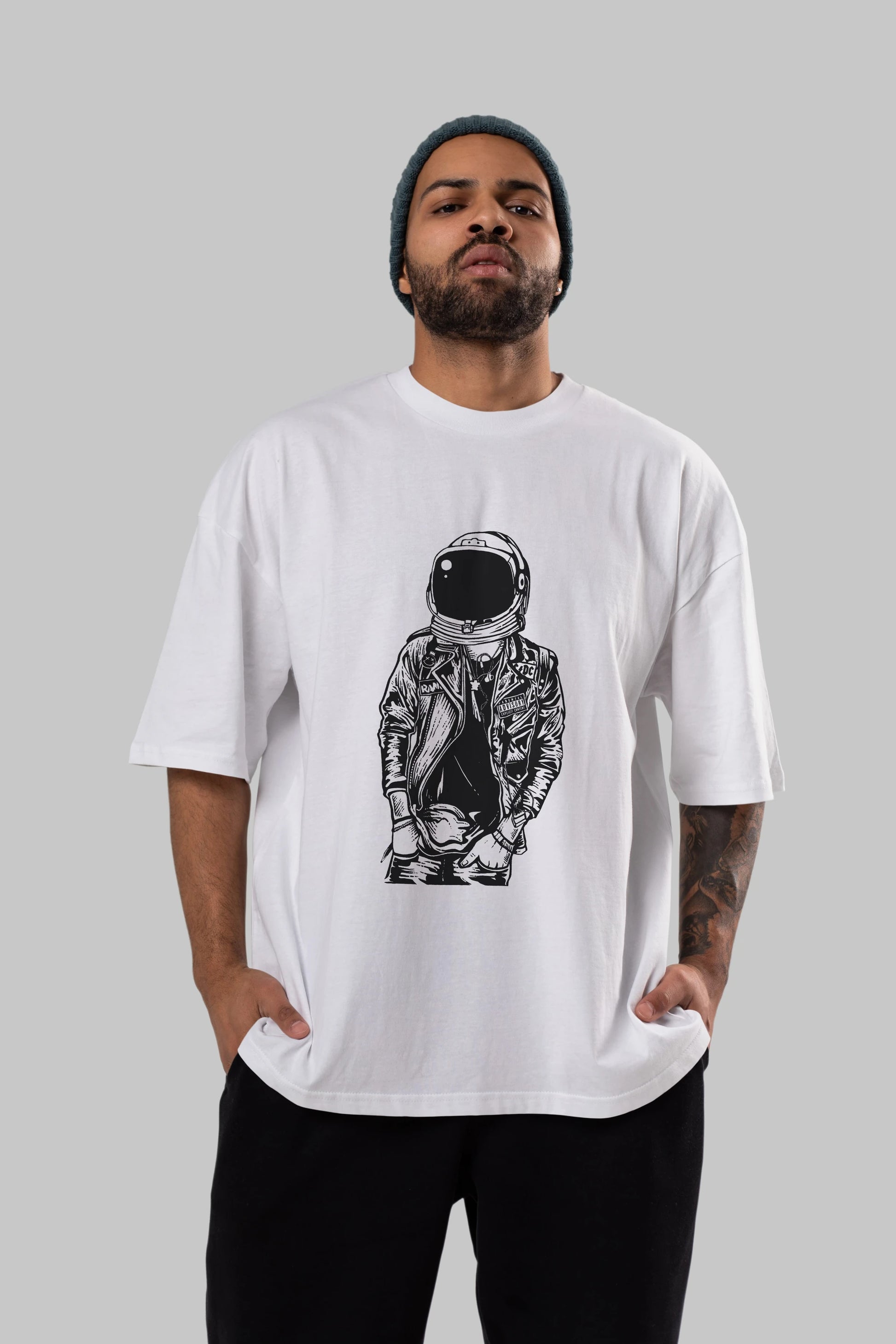Astronaut Punkster Ön Baskılı Oversize t-shirt Erkek Kadın Unisex %100 Pamuk tişort