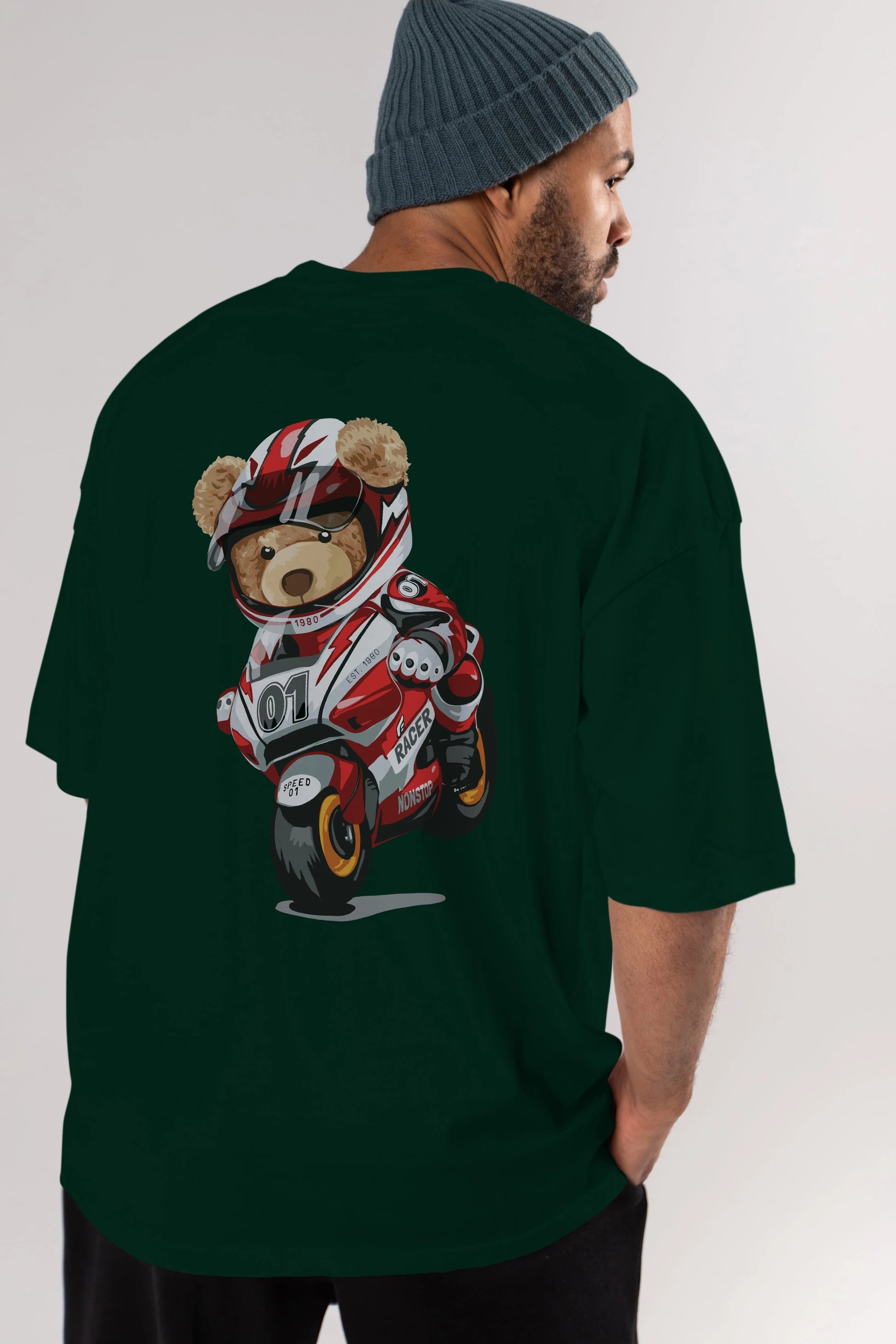 Teddy Bear Racer Arka Baskılı Oversize t-shirt Erkek Kadın Unisex %100 Pamuk