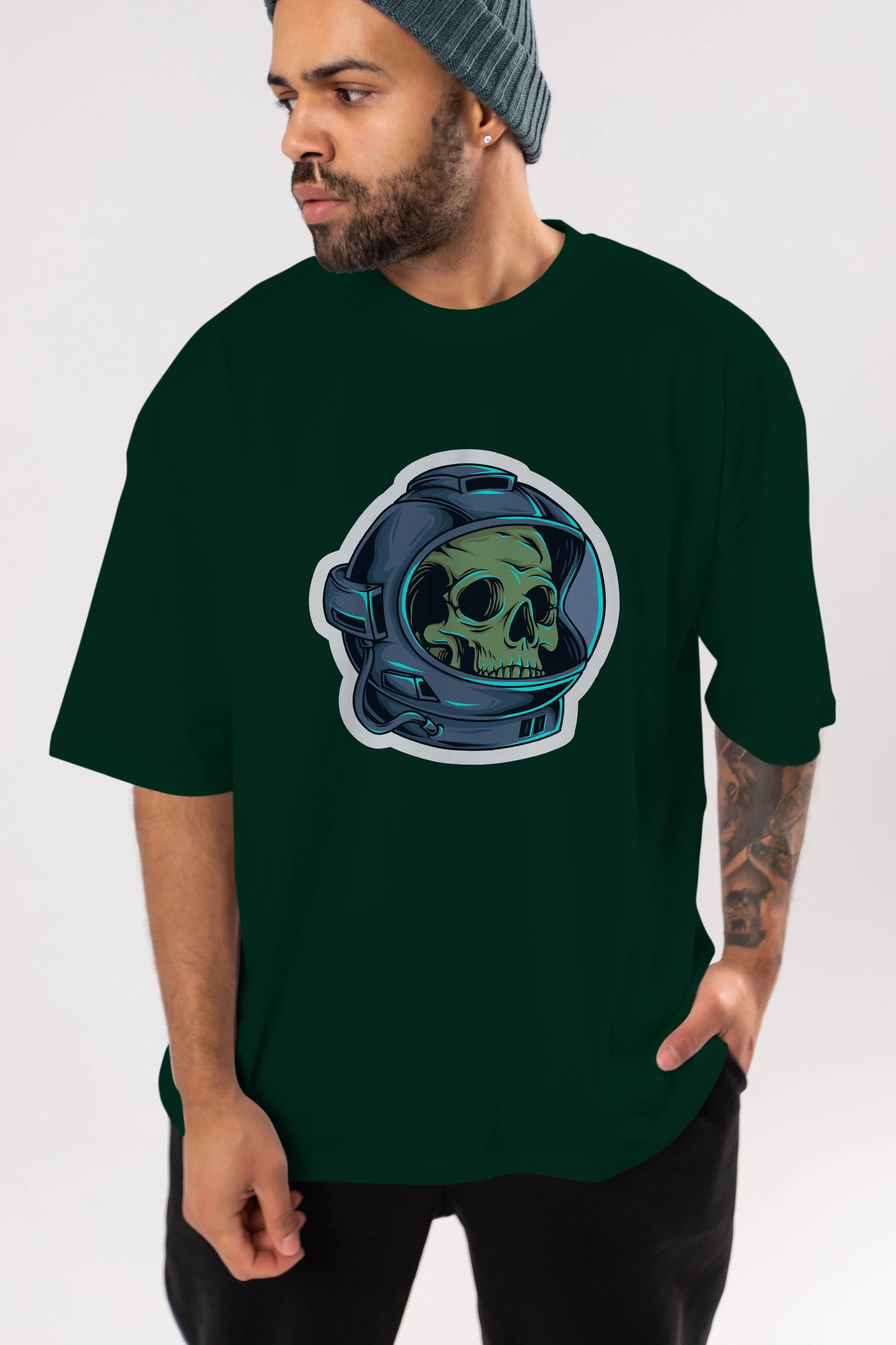 Astroskull Sticker Ön Baskılı Oversize t-shirt Erkek Kadın Unisex