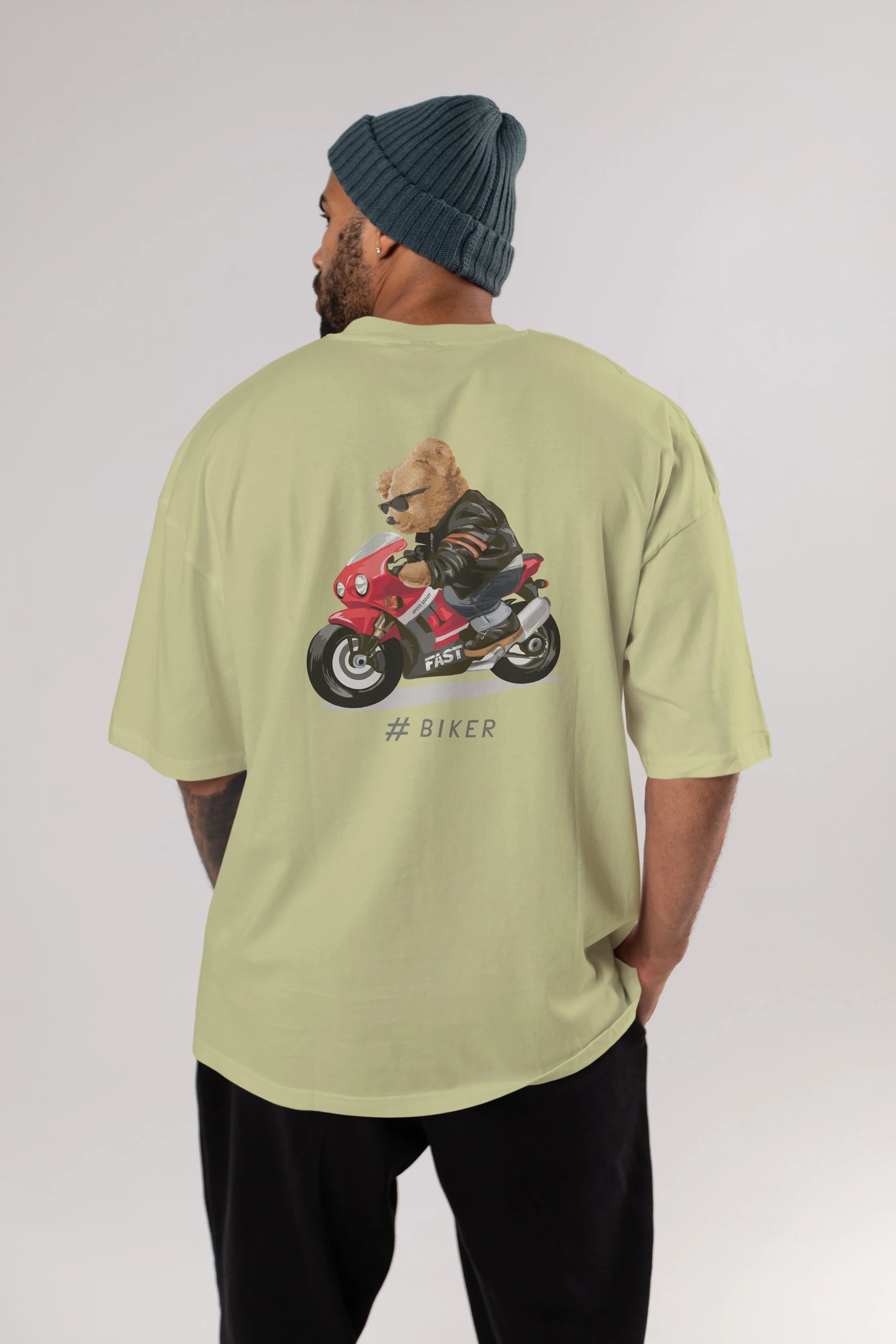 Teddy Bear Biker Arka Baskılı Oversize t-shirt Erkek Kadın Unisex %100 Pamuk