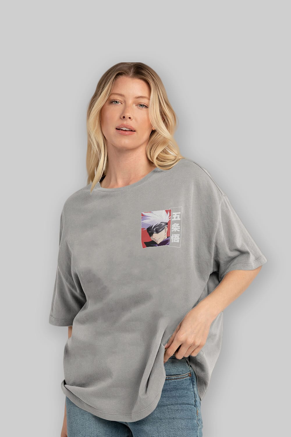 SATORU GOJO Ön Sol Baskılı Oversize t-shirt Erkek Kadın Unisex %100 Pamuk Bisiklet Yaka tişort