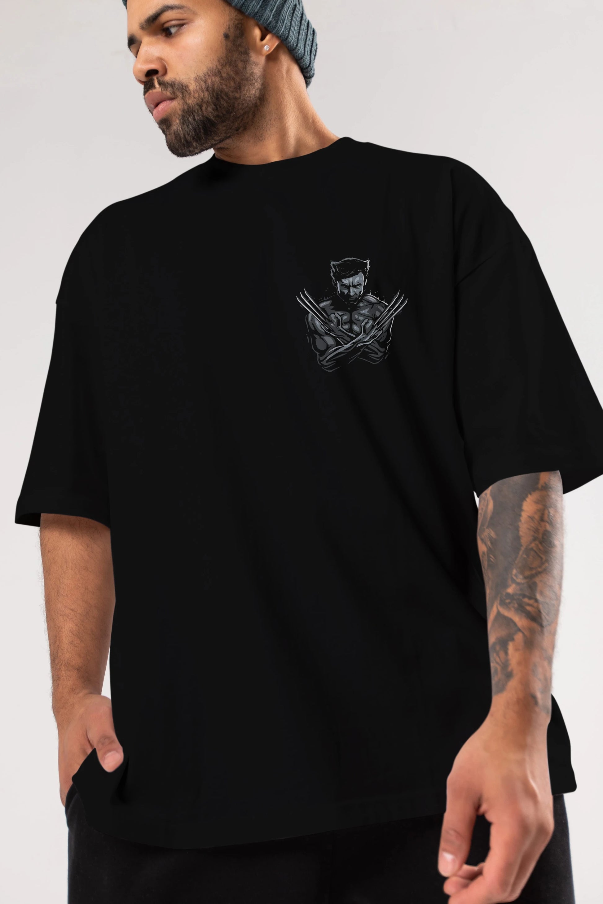 Wolverine Ön Sol Baskılı Oversize t-shirt Erkek Kadın Unisex %100 Pamuk Bisiklet Yaka tişort