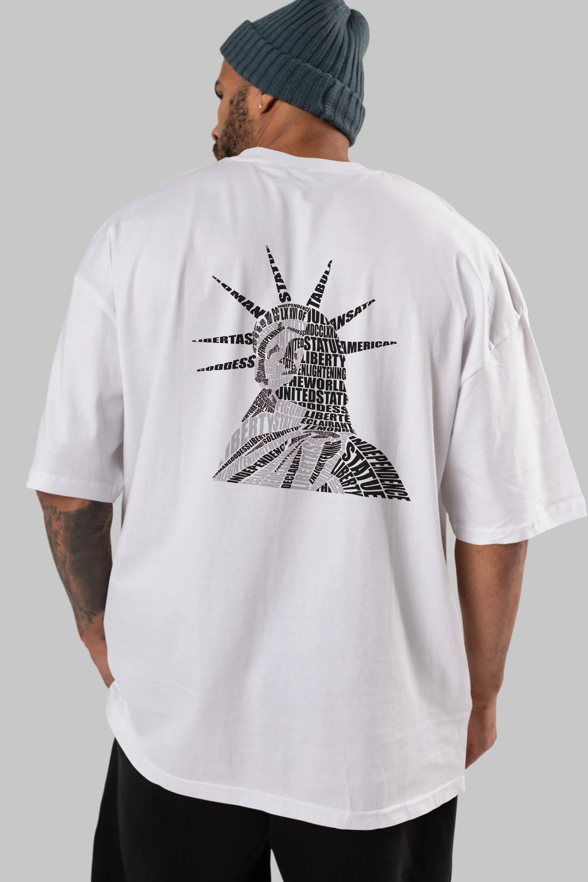 Liberty Statue Calligram Arka Baskılı Oversize t-shirt %100 pamuk Erkek Kadın Unisex