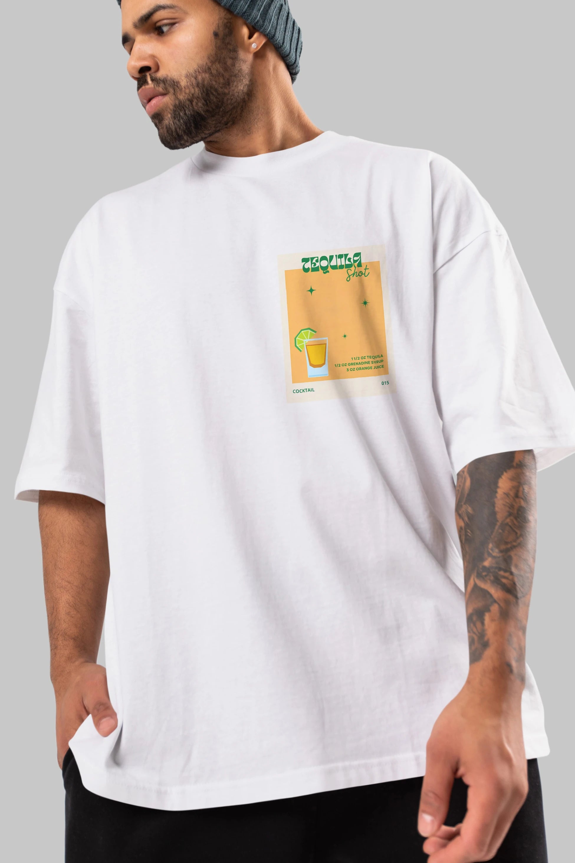 Tequila Shot 2 Ön Sol Baskılı Oversize t-shirt Erkek Kadın Unisex %100 Pamuk Bisiklet Yaka tişort