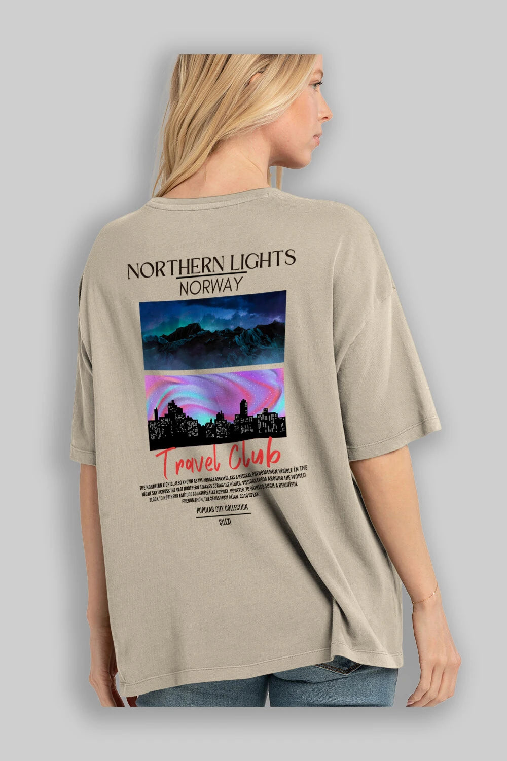 Northern Lights Norway Arka Baskılı Oversize t-shirt Erkek Kadın Pamuk Bisiklet Yaka tişort