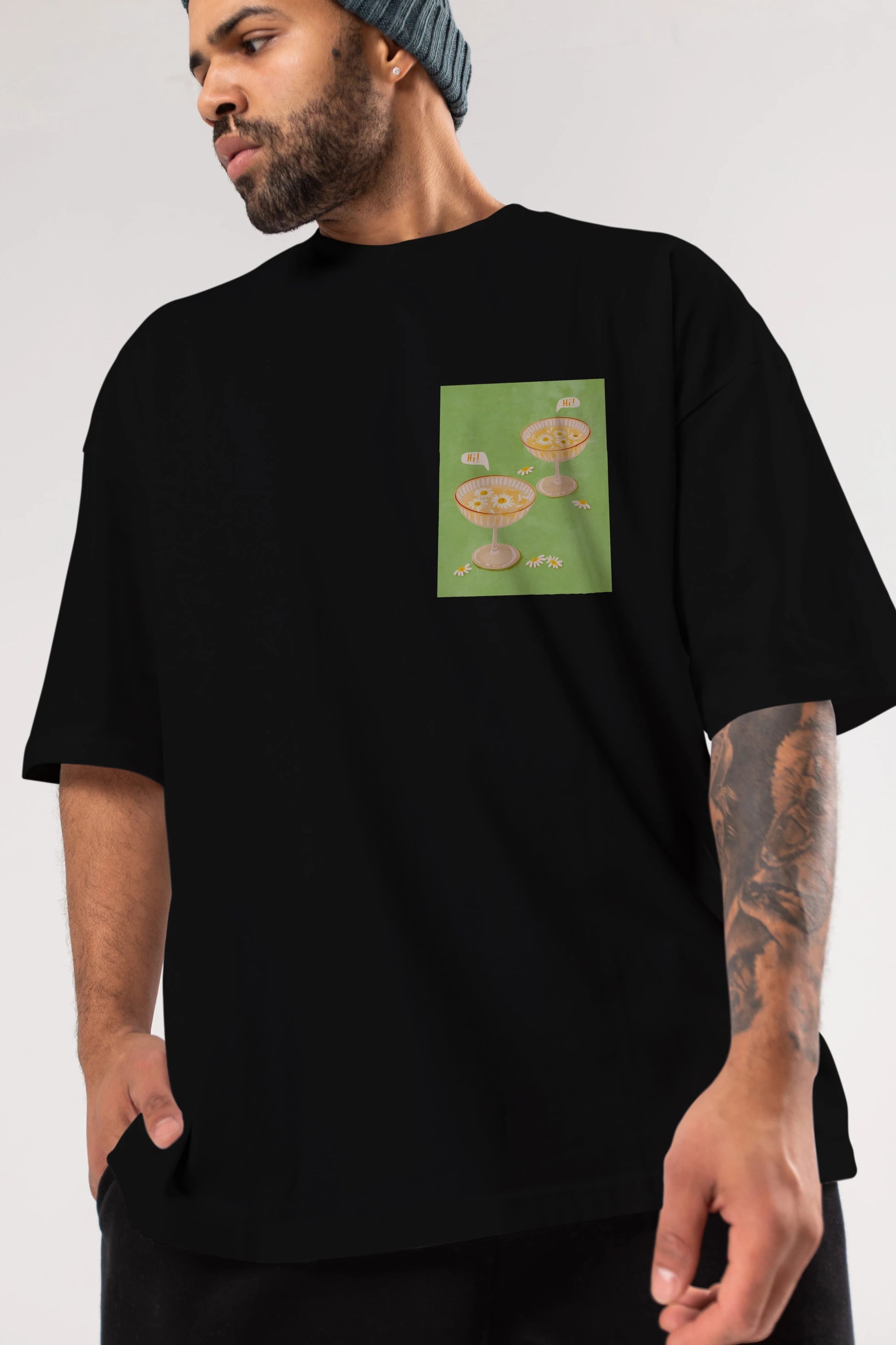 Hi Cheers Ön Sol Baskılı Oversize t-shirt Erkek Kadın Unisex %100 Pamuk Bisiklet Yaka tişort