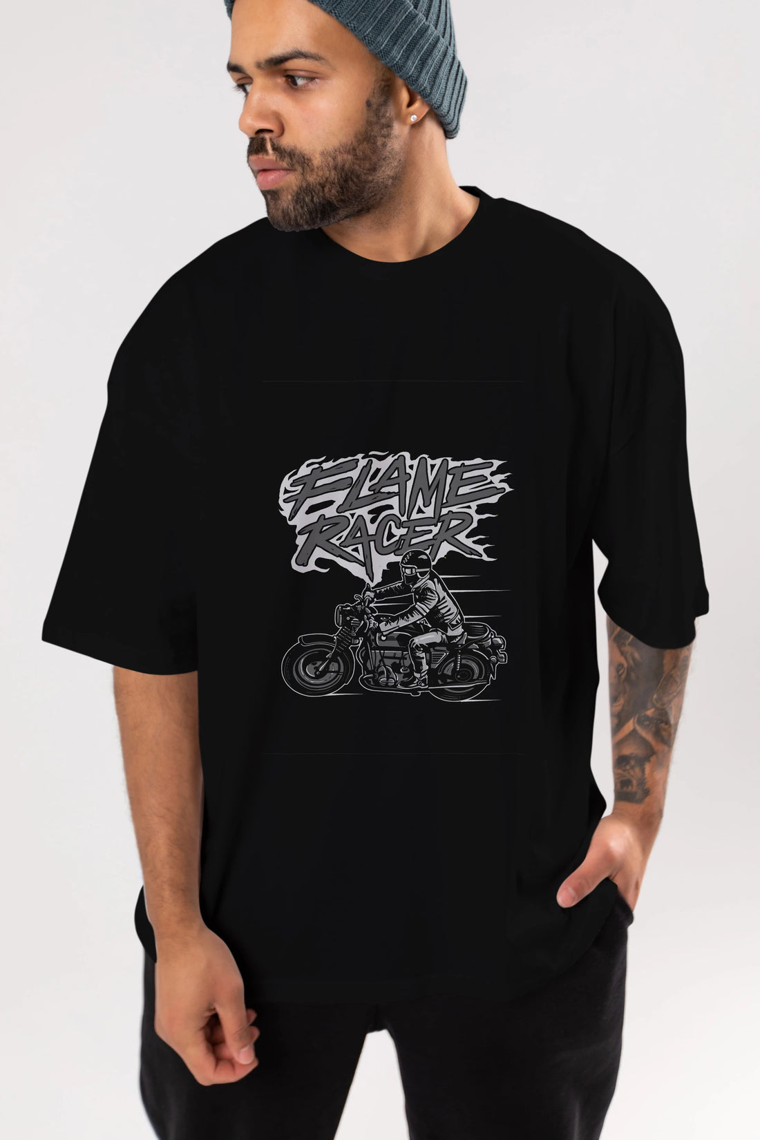 Flame Racer Ön Baskılı Oversize t-shirt Erkek Kadın Unisex %100 Pamuk tişort