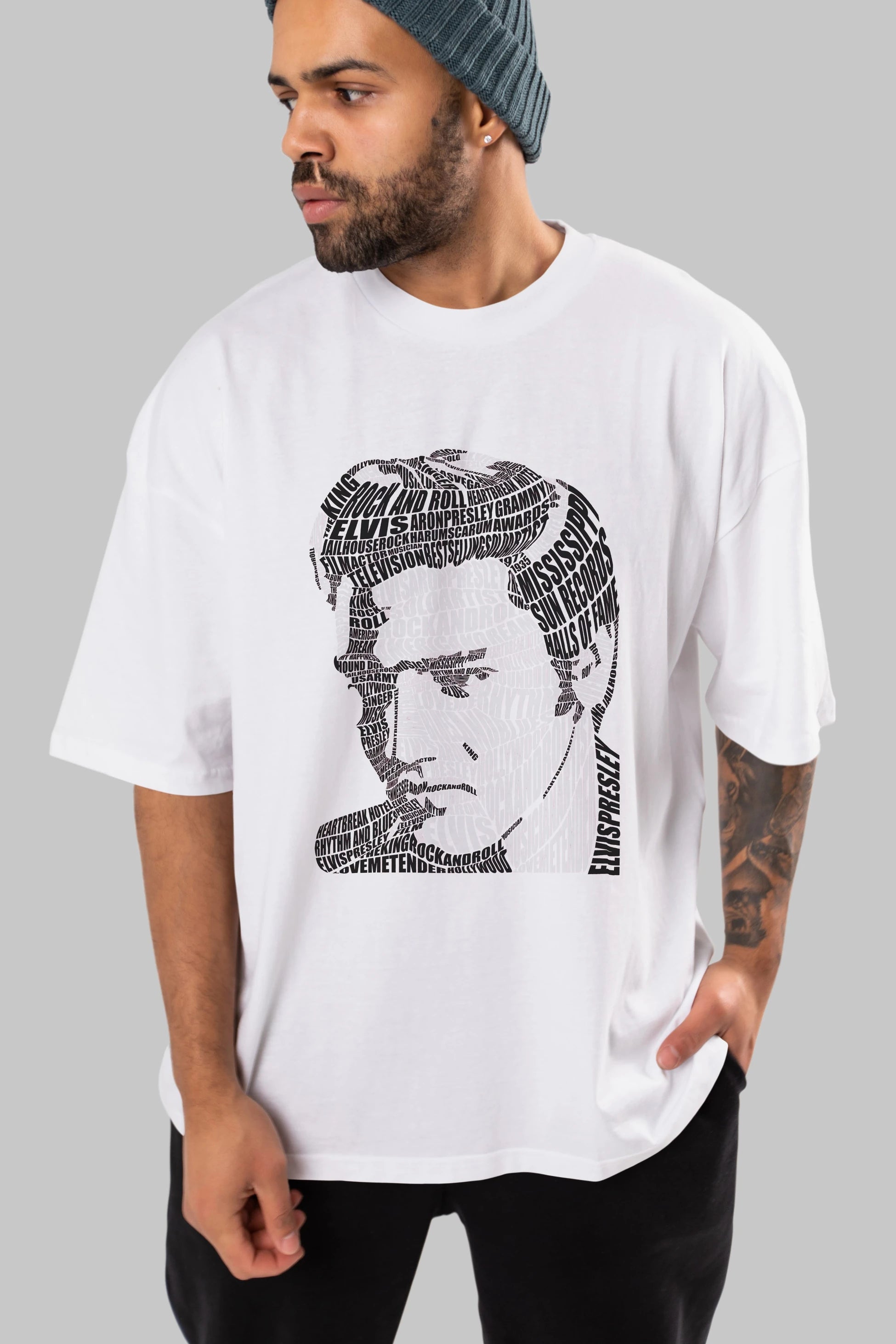Elvis Presley Calligram Ön Baskılı Oversize t-shirt %100 pamuk Erkek Kadın Unisex
