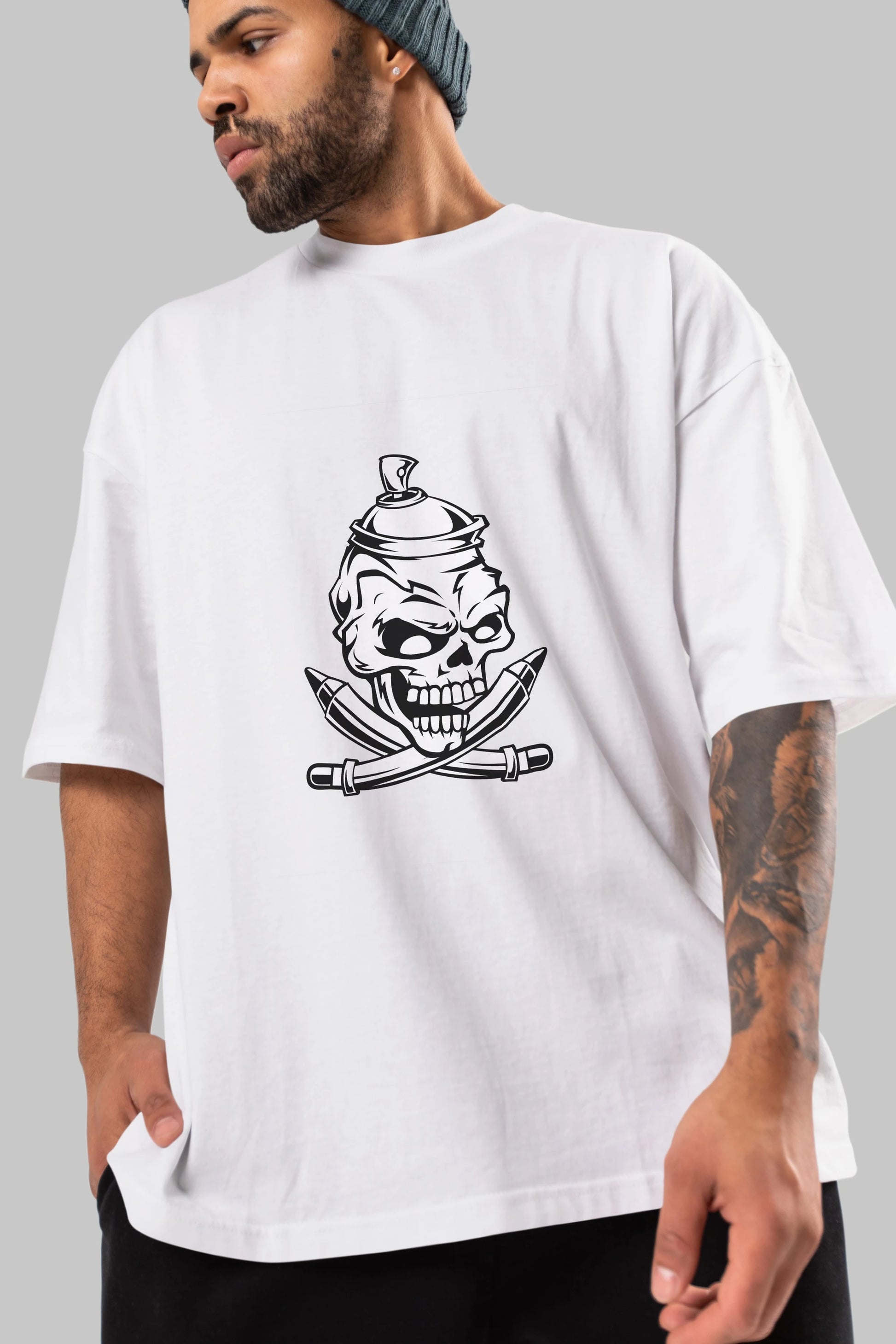 Skull Grafity Ön Baskılı Oversize t-shirt Erkek Kadın Unisex %100 Pamuk tişort