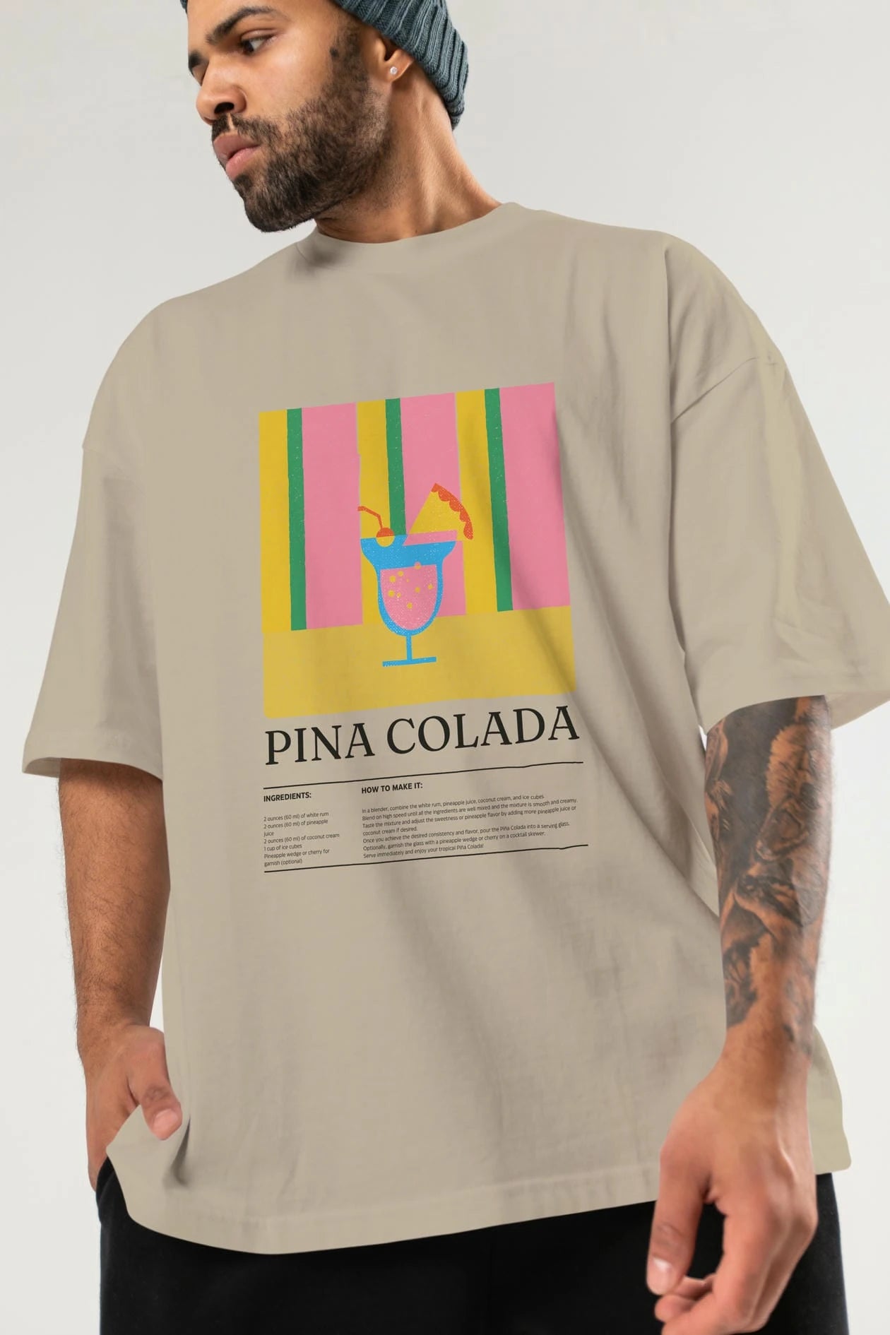 Pina Colada Kokteyl Ön Baskılı Oversize t-shirt Erkek Kadın %100 Pamuk Bisiklet Yaka tişort