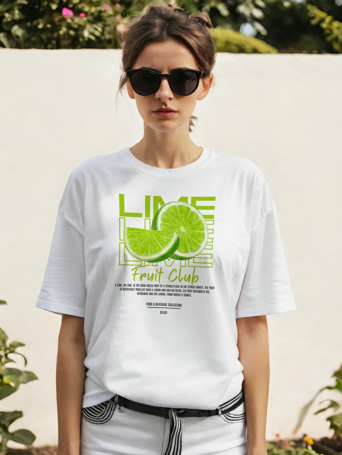 Lime Ön Baskılı Oversize t-shirt Erkek Kadın Pamuk Bisiklet Yaka tişort