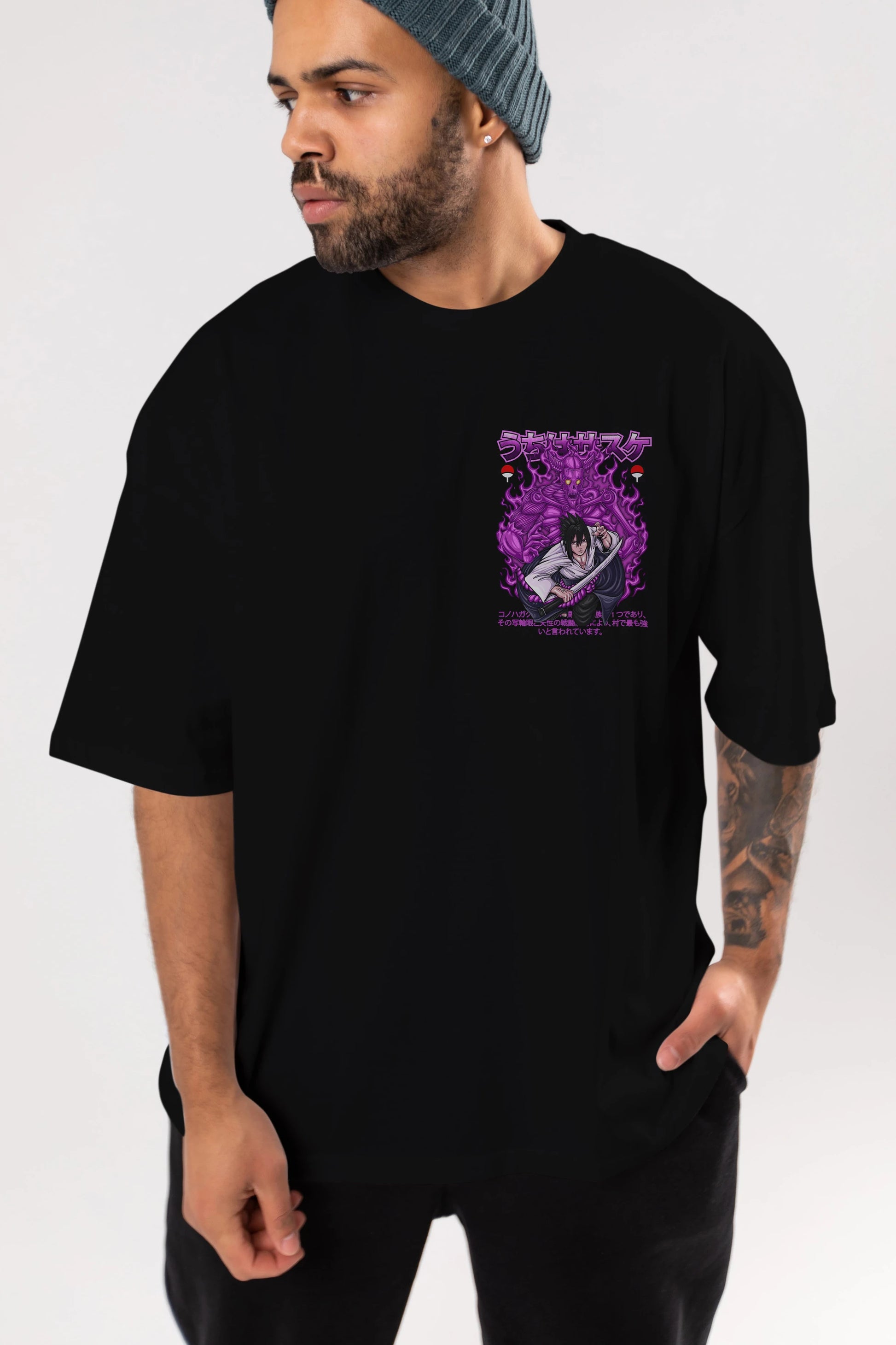 SASUKE UCHIHA NARUTO Ön Sol Baskılı Oversize t-shirt Erkek Kadın Unisex %100 Pamuk Bisiklet Yaka tişort