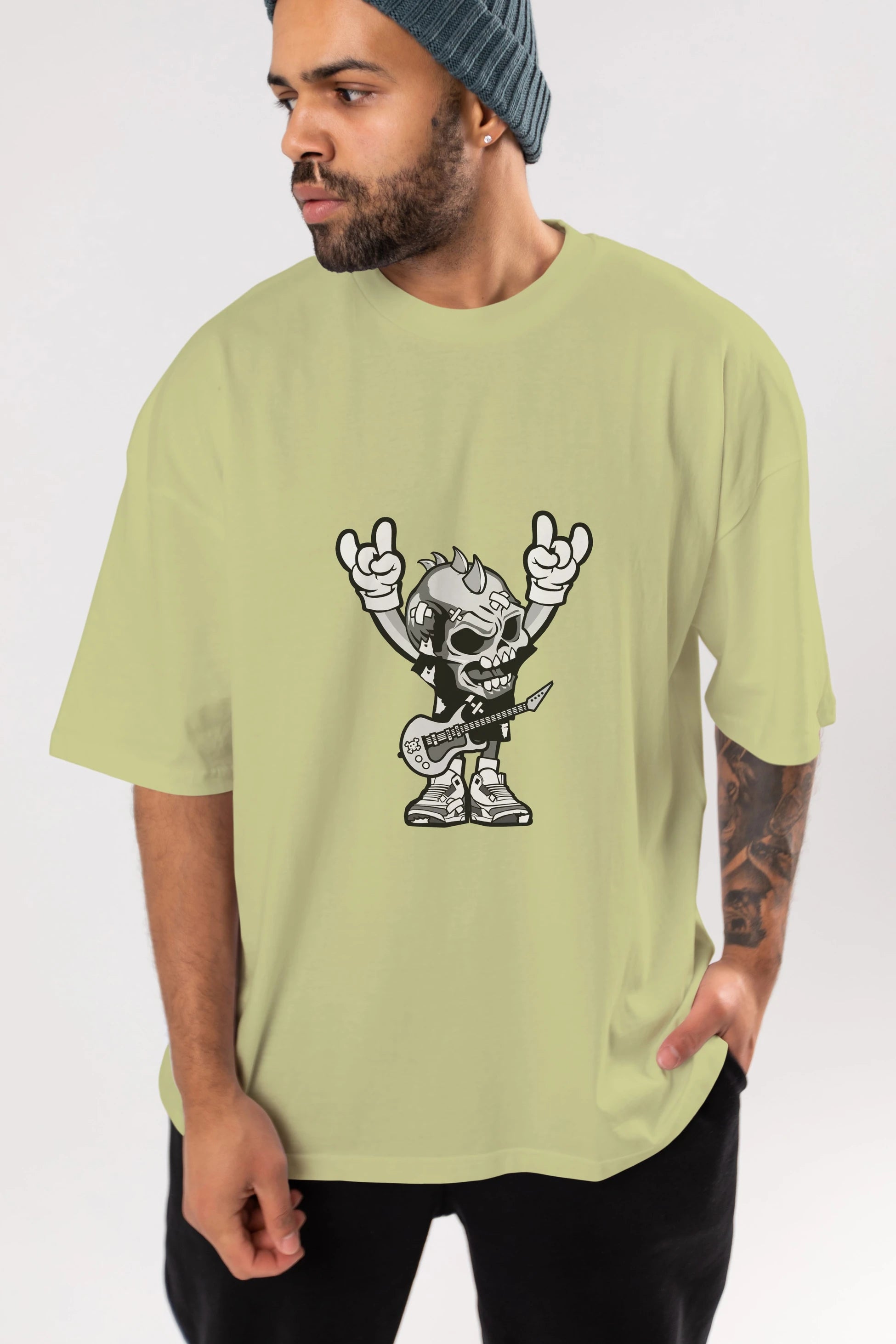 Punk Rock Skull Ön Baskılı Oversize t-shirt Erkek Kadın Unisex %100 Pamuk tişort