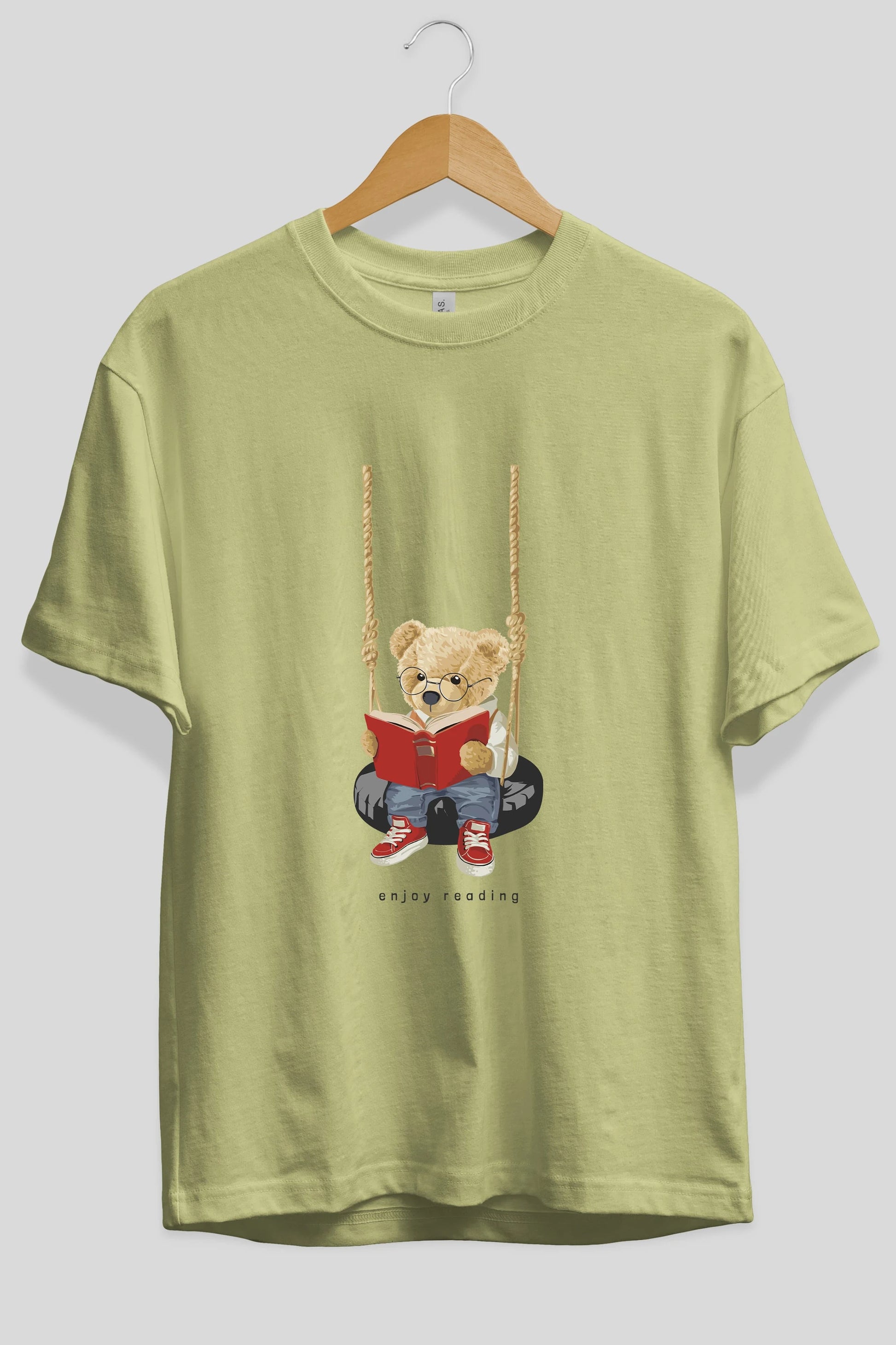 Teddy Bear Enjoy Reading Ön Baskılı Oversize t-shirt Erkek Kadın Unisex %100 Pamuk