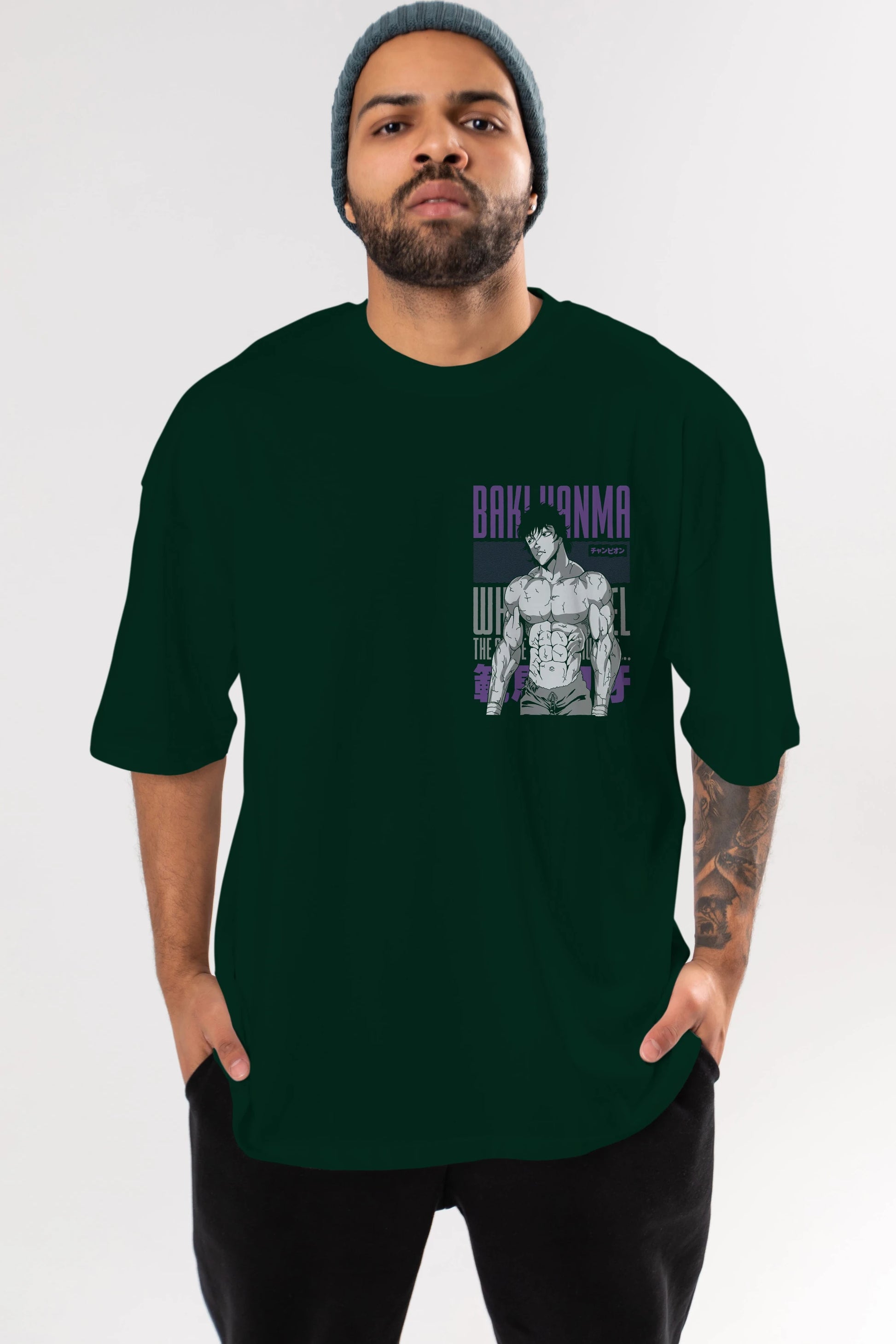 BAKI HANMA (2) Ön Sol Baskılı Oversize t-shirt Erkek Kadın Unisex %100 Pamuk Bisiklet Yaka tişort