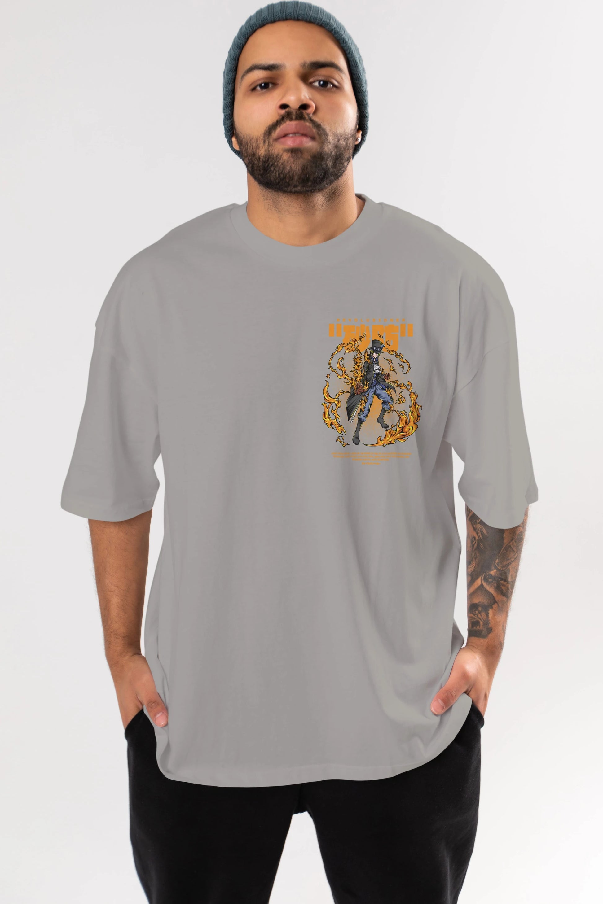 Revolusioner Sabo Ön Sol Baskılı Oversize t-shirt Erkek Kadın Unisex %100 Pamuk Bisiklet Yaka tişort